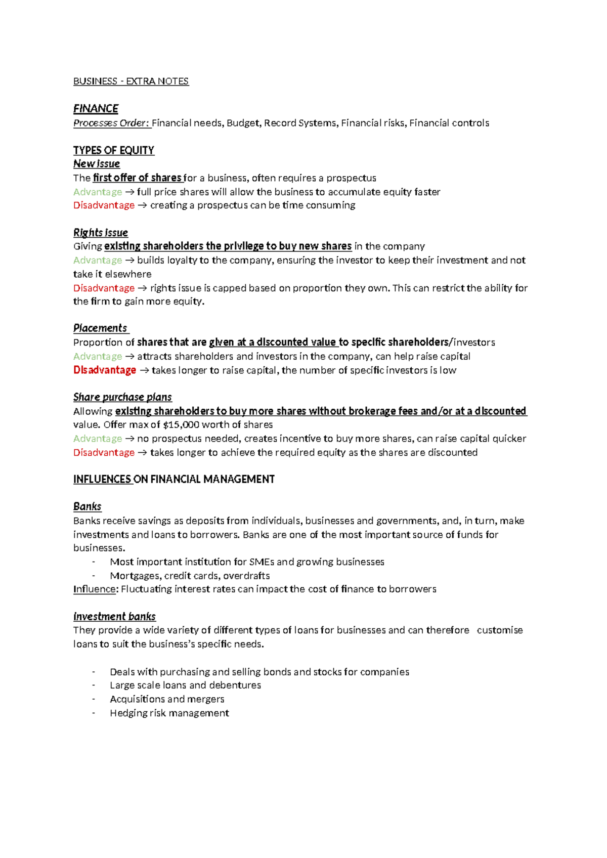Business - Notes - BUSINESS - EXTRA NOTES FINANCE Processes Order ...