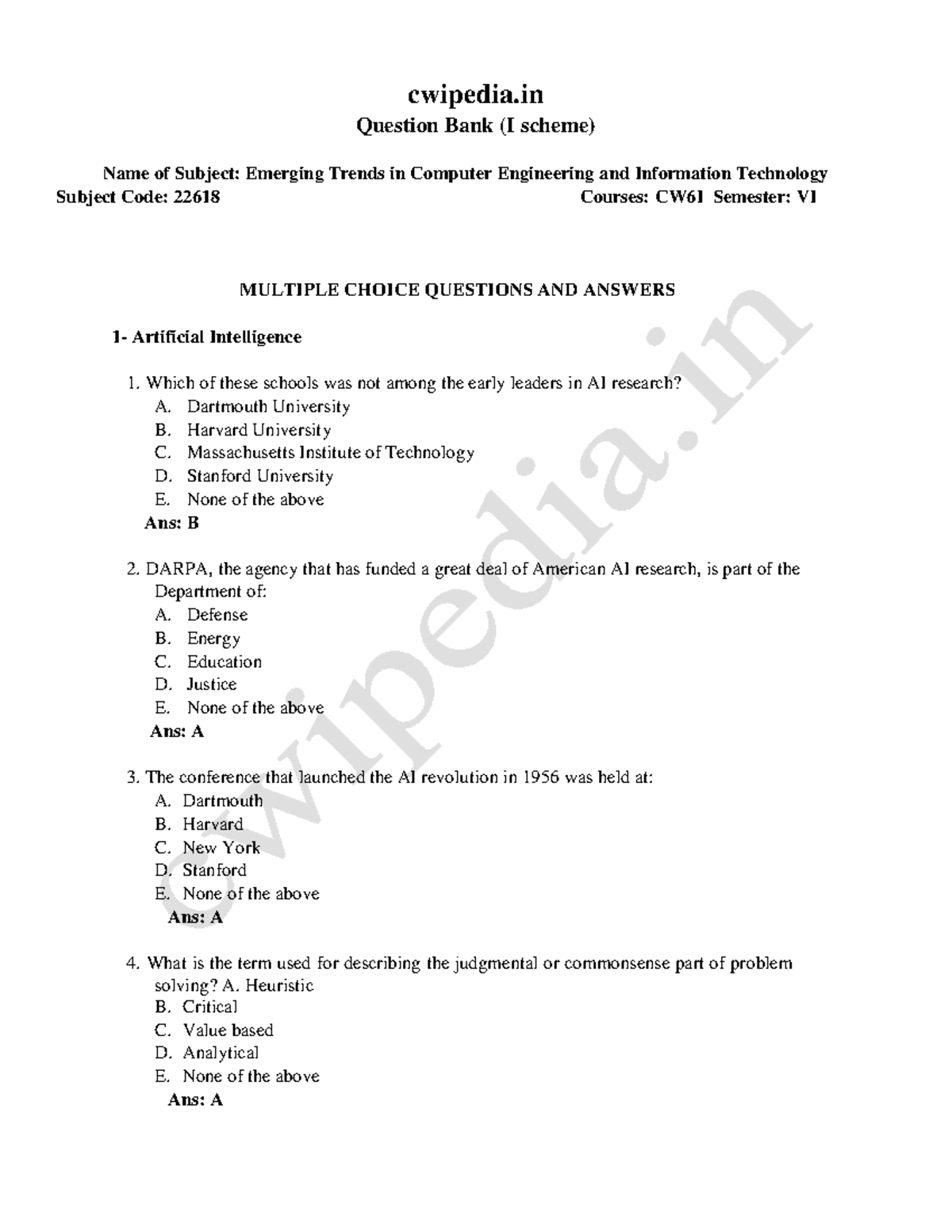 ETI 22618 MCQ Question Paper on Emerging Trends in Computer Engineering ...