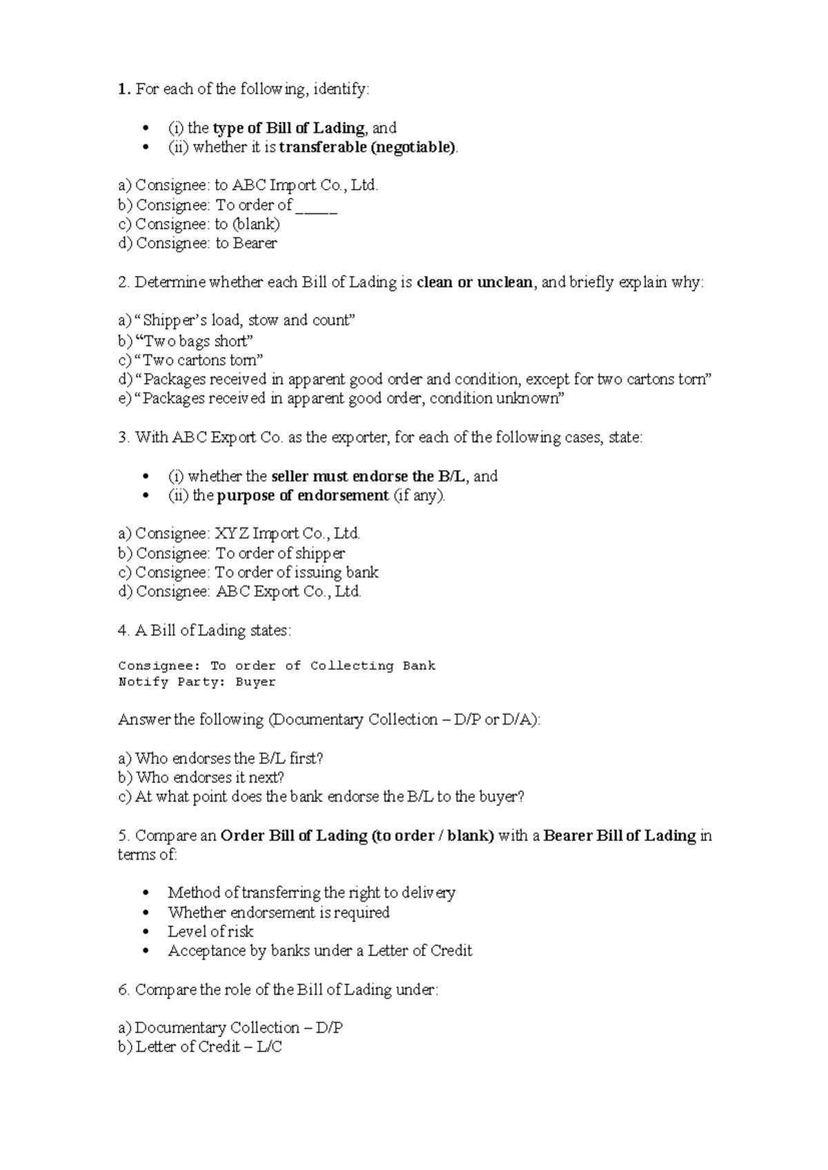 Bill of Lading Exercises: Types, Transferability, and Comparisons - Studocu