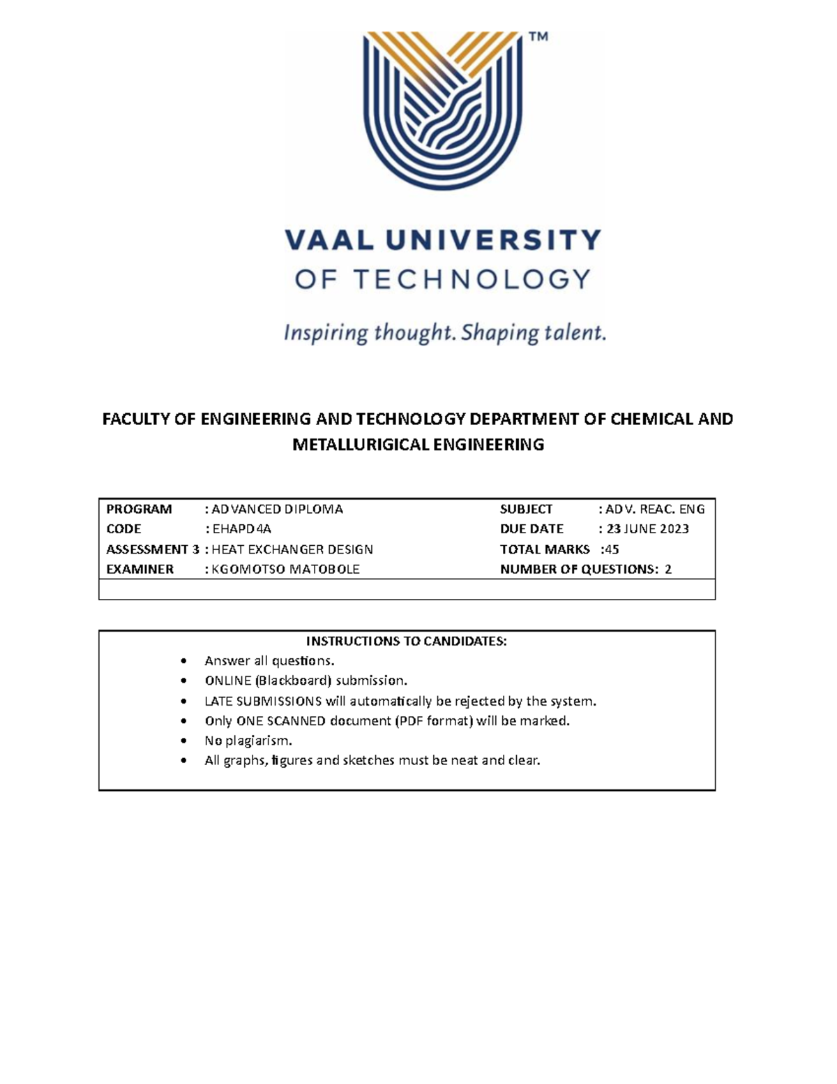 Design Assignment H-E - FACULTY OF ENGINEERING AND TECHNOLOGY ...