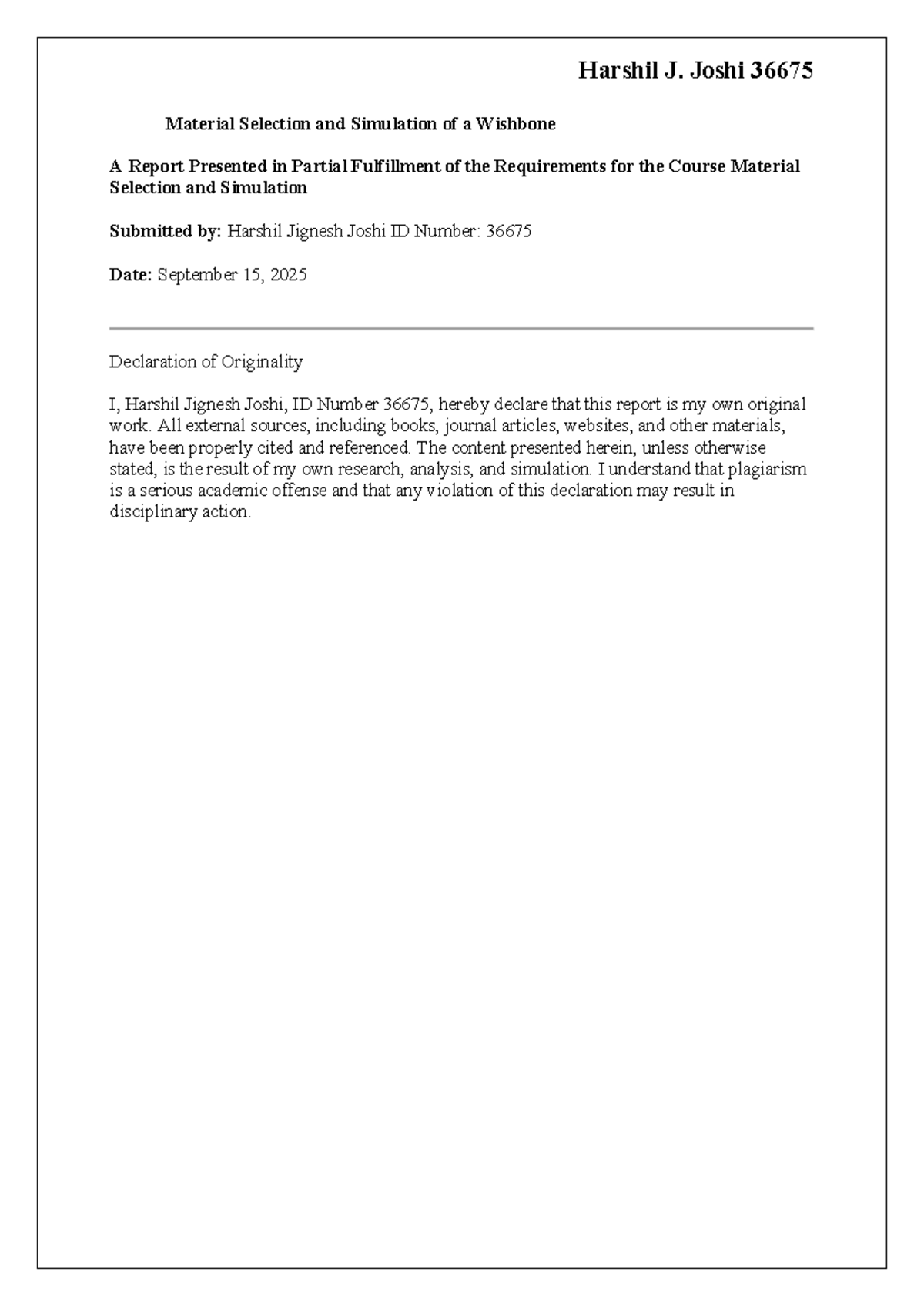Material Selection and Simulation of Wishbone: Report ID 36675 - Studocu