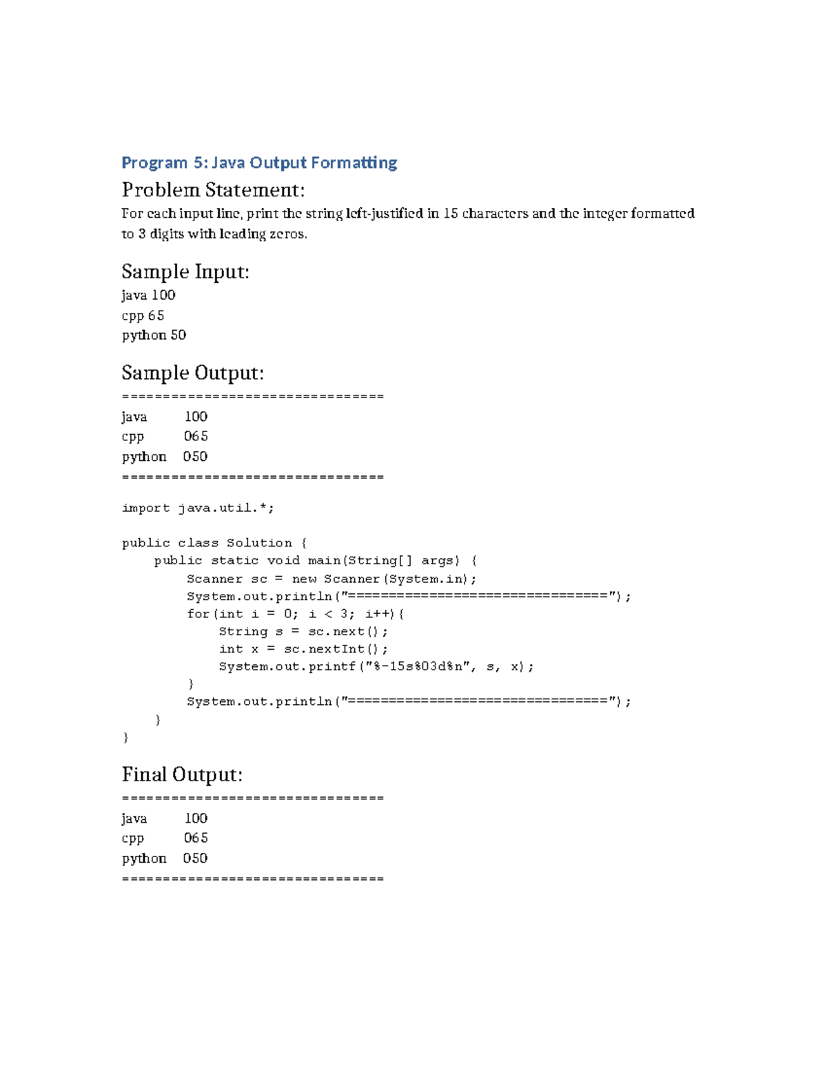 Java Programs: Output Formatting & Datatypes (Hacker Rank) - Studocu