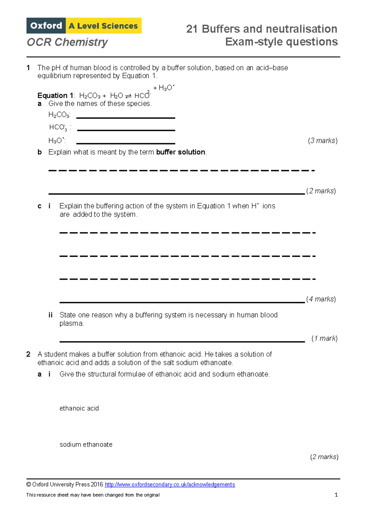 Buffers - OCR Chemistry Exam-style questions A © Oxford University ...