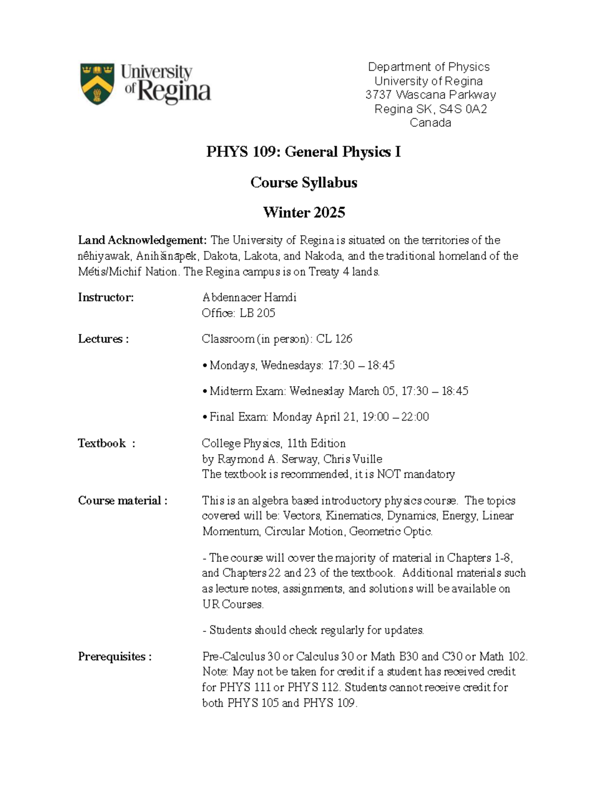 PHYS 109: General Physics I Course Syllabus Winter 2025 - Studocu