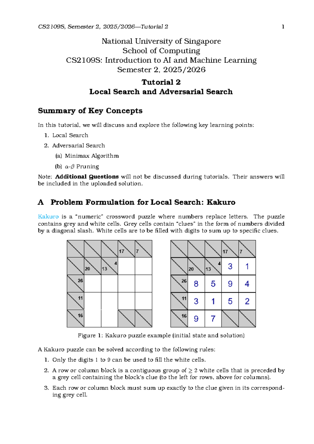 CS2109S: AI & ML Tutorial 2 - Local & Adversarial Search Concepts - Studocu