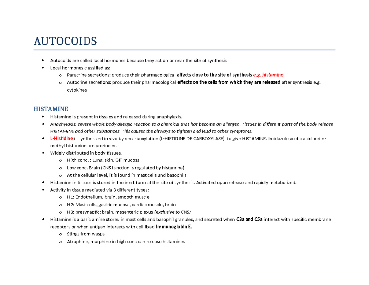 DRUG LIST III - pharmacology table - AUTOCOIDS Autocoids are called ...