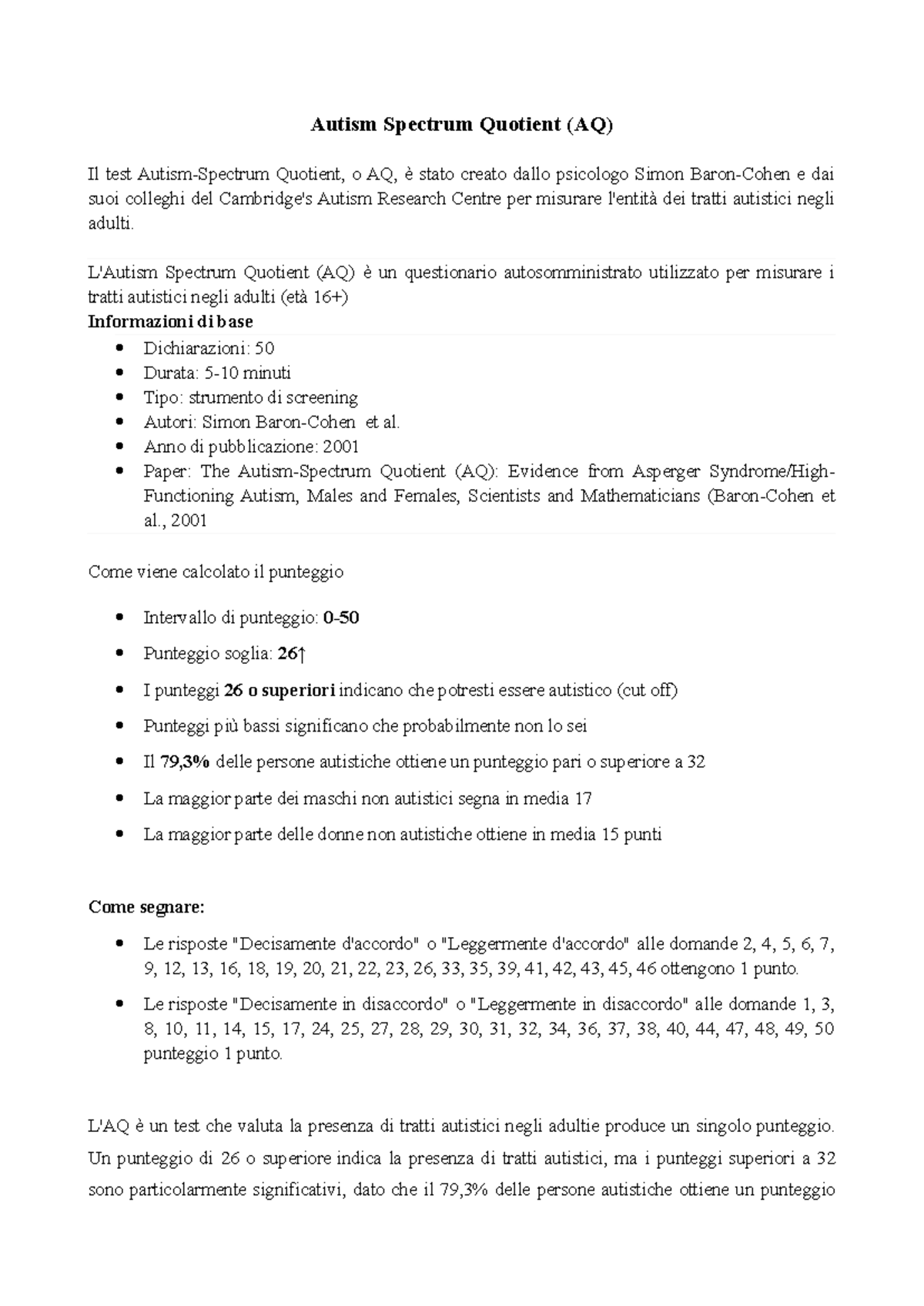 Autism Spectrum Quotient (AQ) Test Overview and Scoring Guide - Studocu