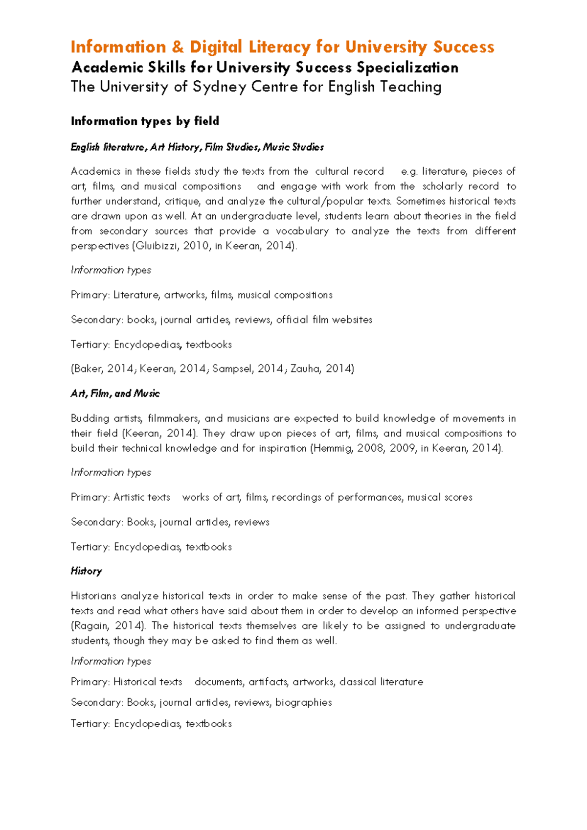 Information Digital Literacy for University Success: Types by Field ...