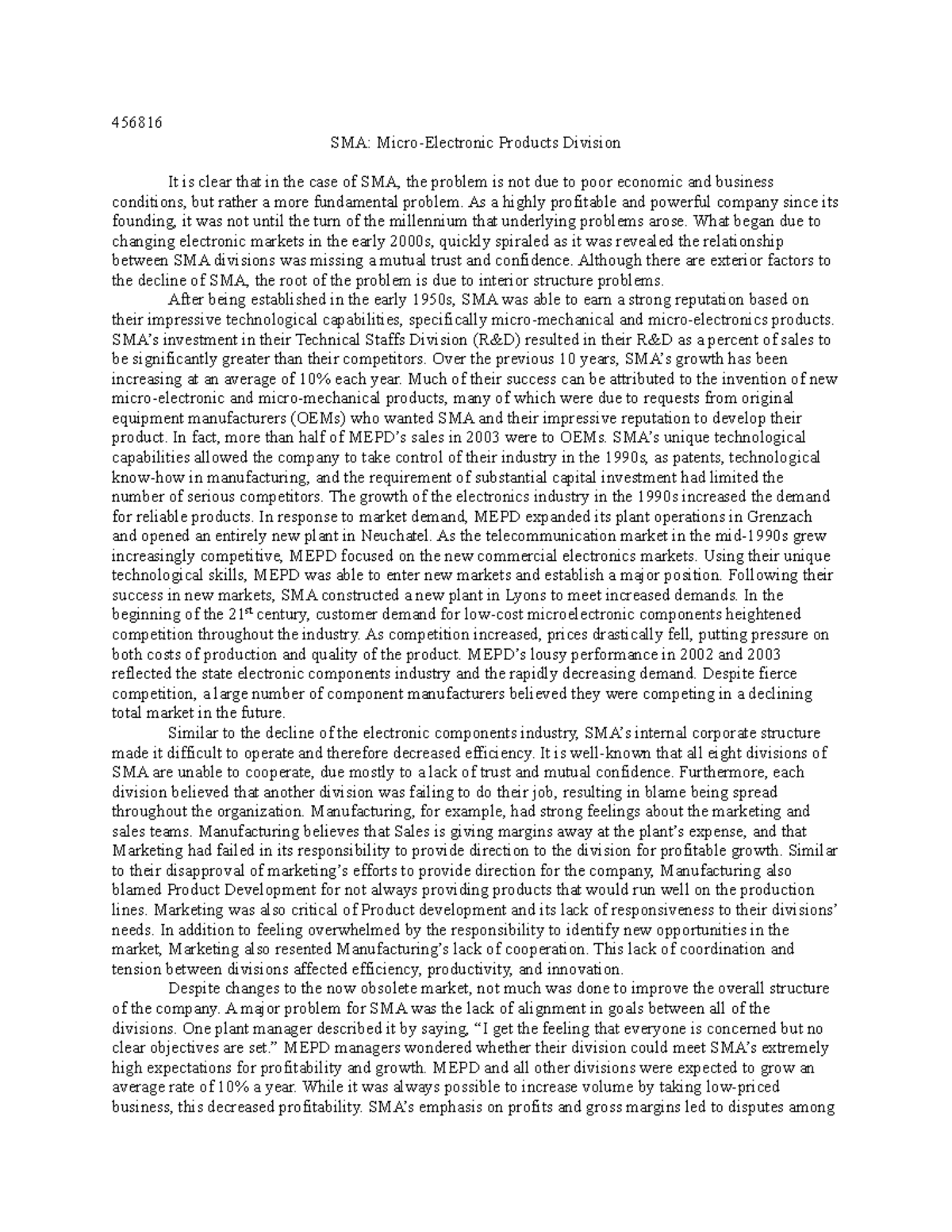 SMA Case Study Analysis: Internal Issues & Solutions Overview - Studocu