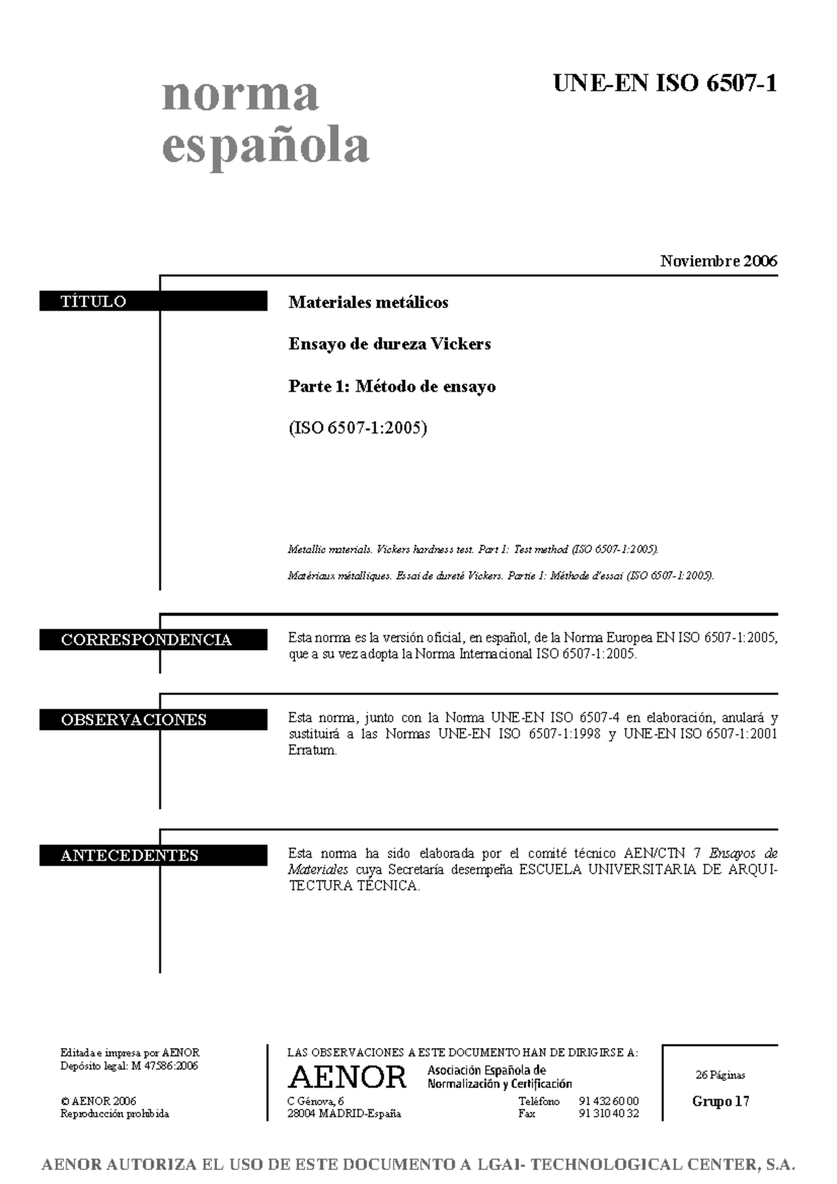 ISO 6507-1 (2006): Ensayo de Dureza Vickers - Método de Ensayo - Studocu
