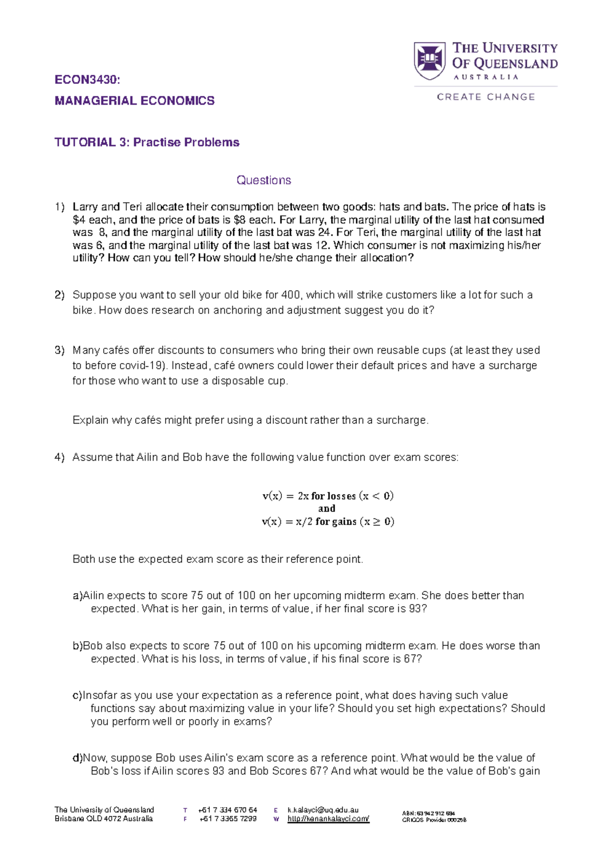 ECON3430: Managerial Economics Tutorial 3 Practice Problems 2024 S1 ...