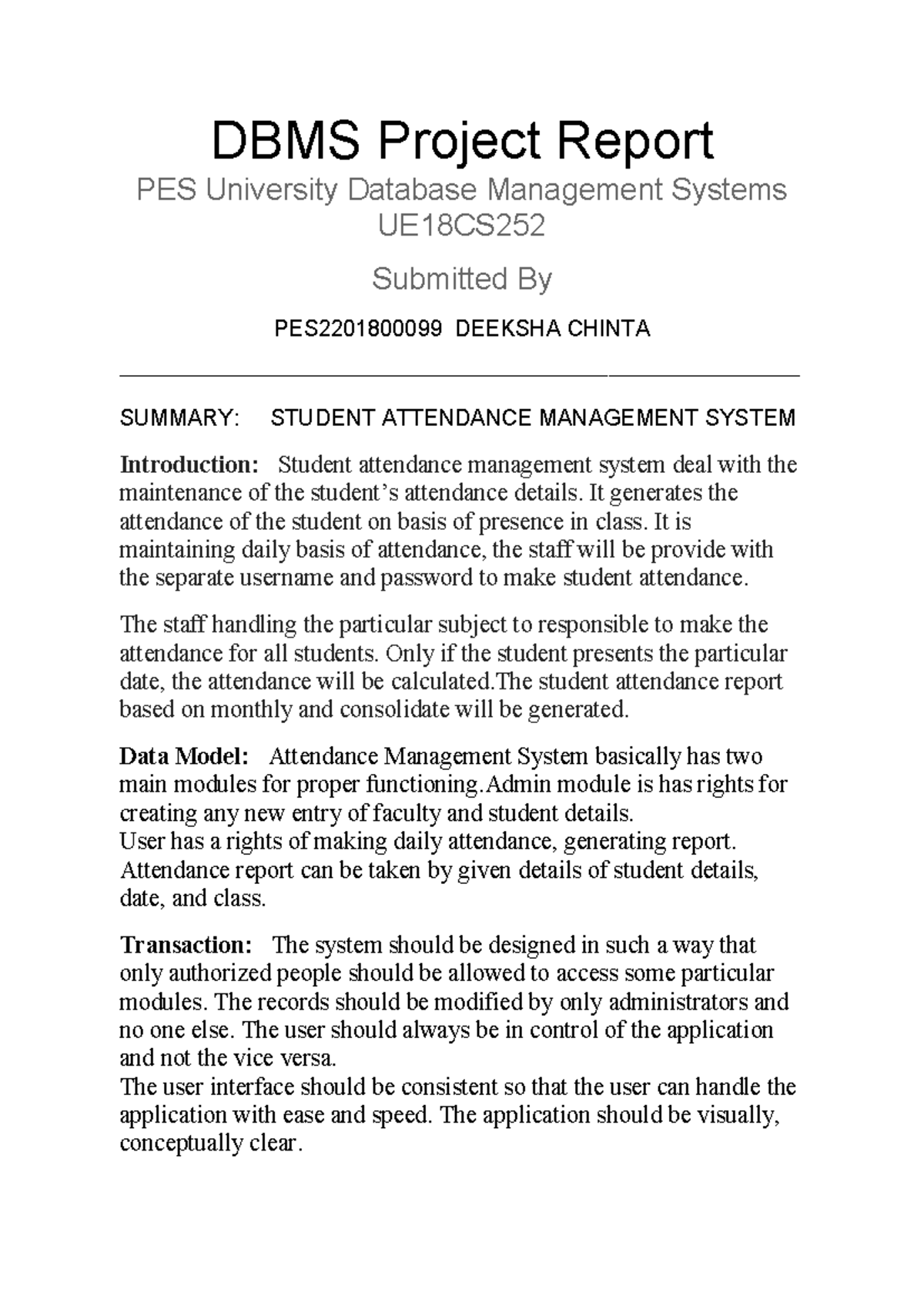 DBMS UE18CS Final Report on Student Attendance Management System - Studocu