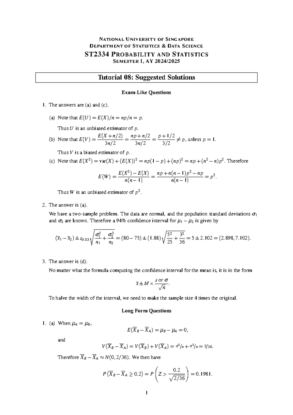 ST2334 Tutorial 08: Suggested Solutions for Probability & Statistics ...