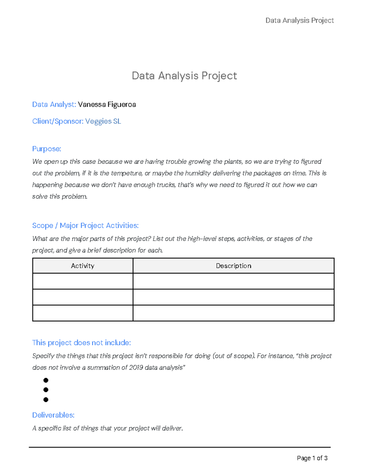 Data Analysis Project Scope and Deliverables Template - Studocu