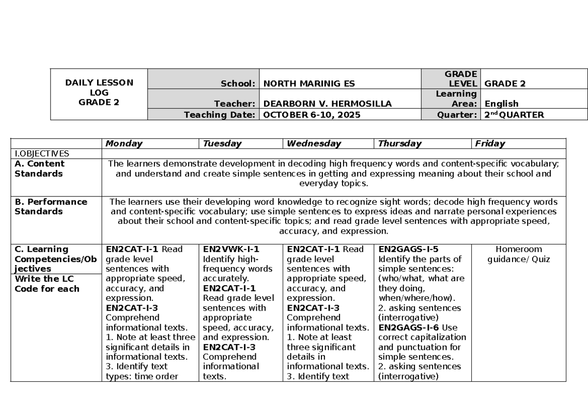 DLL ENG2 Q2 W7 - Daily Lesson Log for Grade 2 English - Studocu