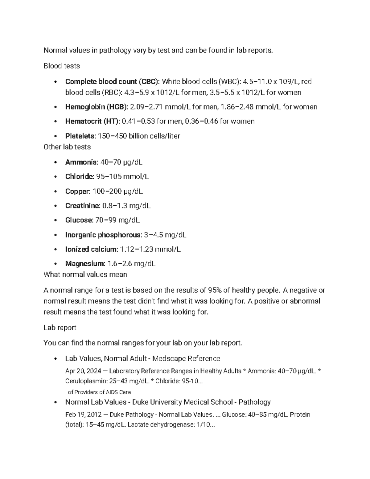 Lab Values in pathophysiology - Normal values in pathology vary by test ...