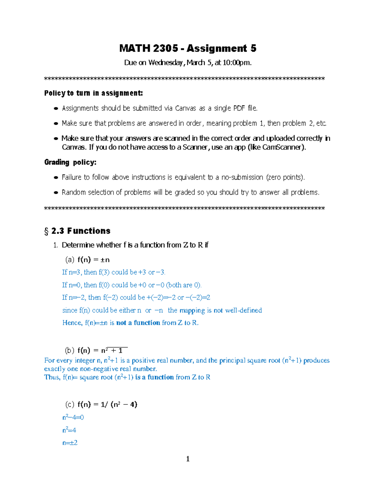 MATH 2305 Assignment 5 Guidelines and Function Analysis - Studocu
