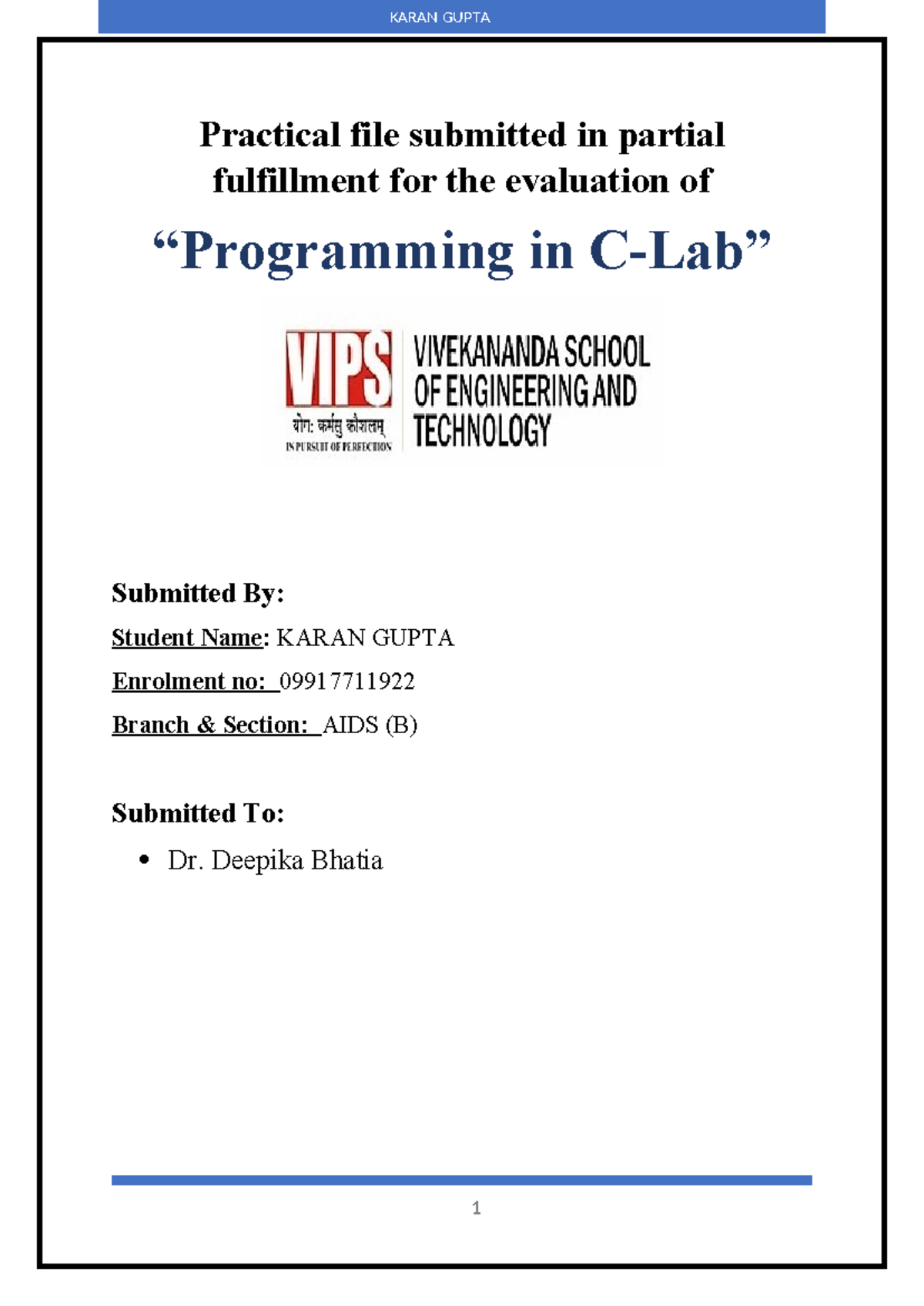 Vikram Ranjan C - Practical file submitted in partial fulfillment for ...