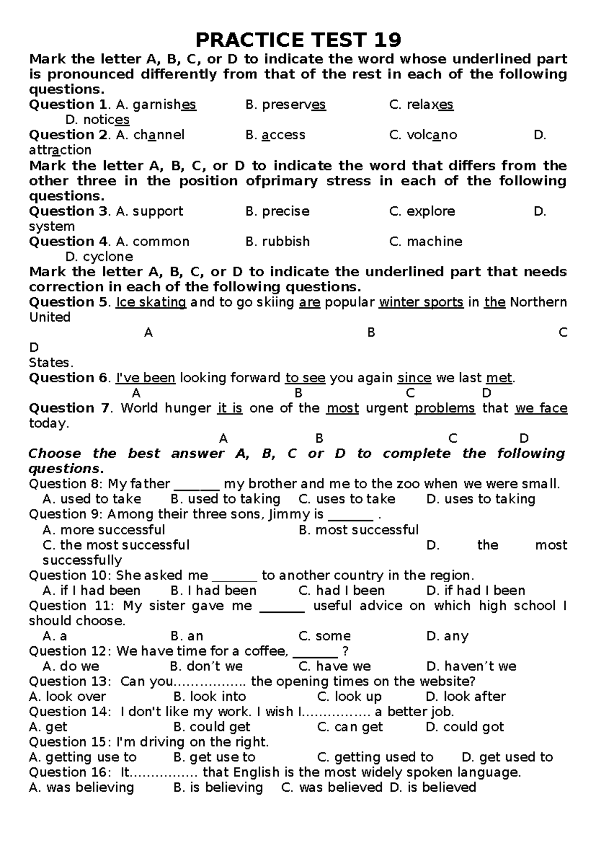 Practice TEST 19 20 21 22 23 - PRACTICE TEST 19 Mark the letter A, B, C ...