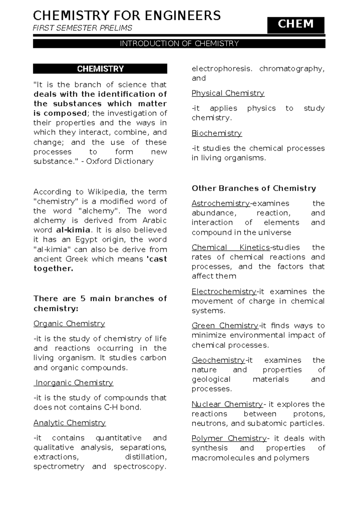 CHEM 101: Introductory Chemistry Lesson 1 Overview for Engineers - Studocu