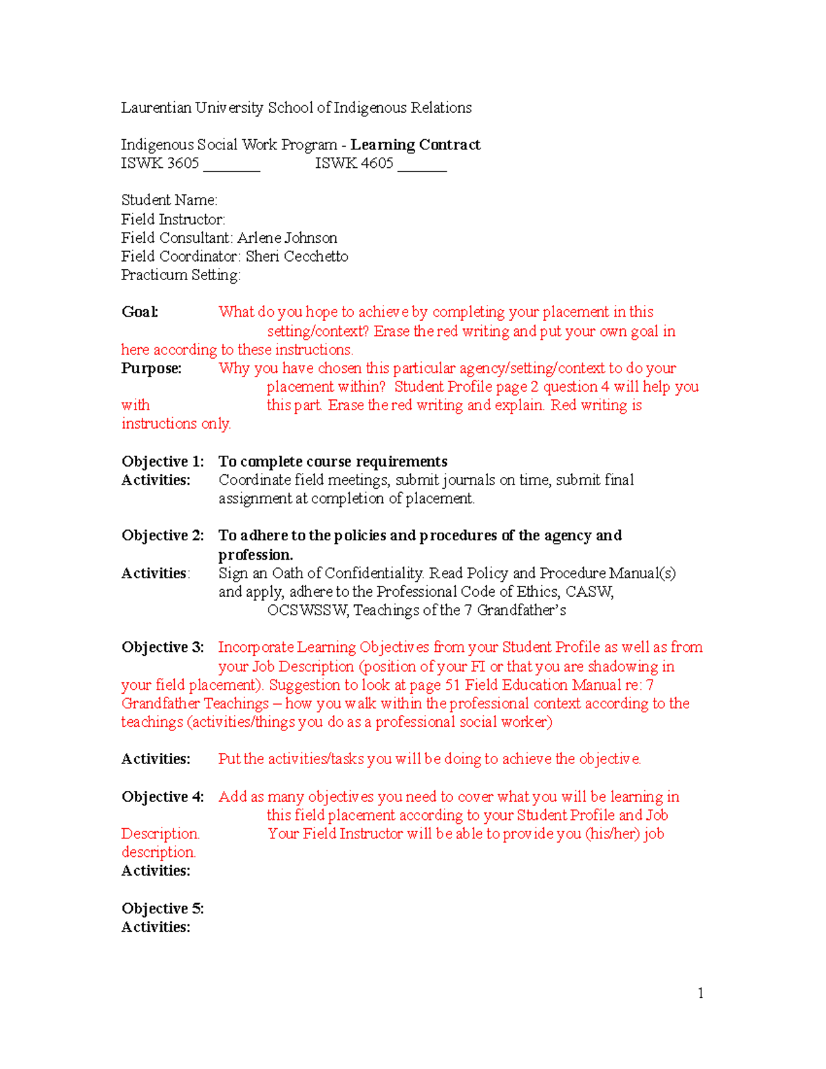 ISWK 3605 & ISWK 4605 Learning Contract Template for Practicum - Studocu