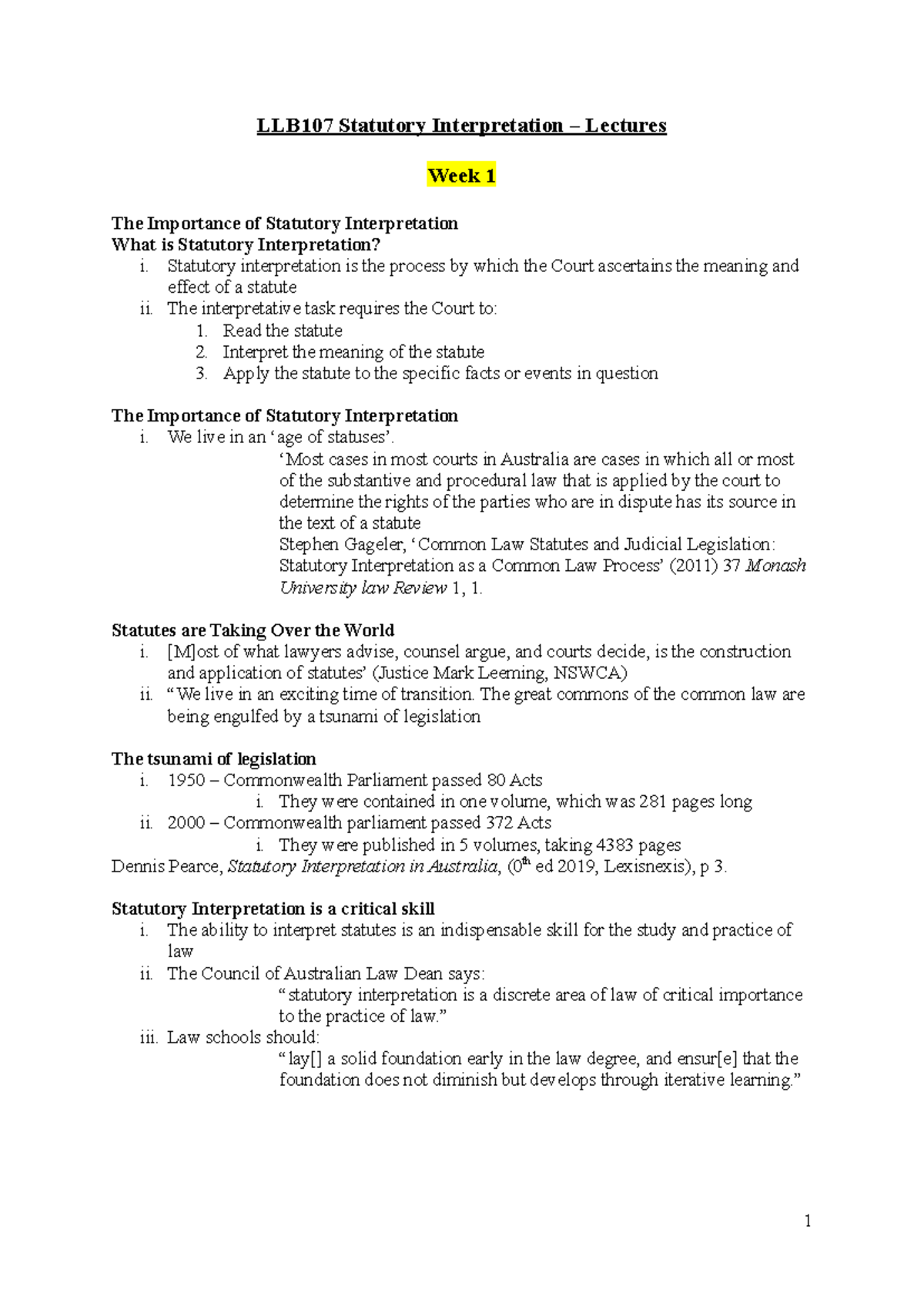 LLB107 Statutory Interpretation Lectures Week 1: Key Concepts and ...