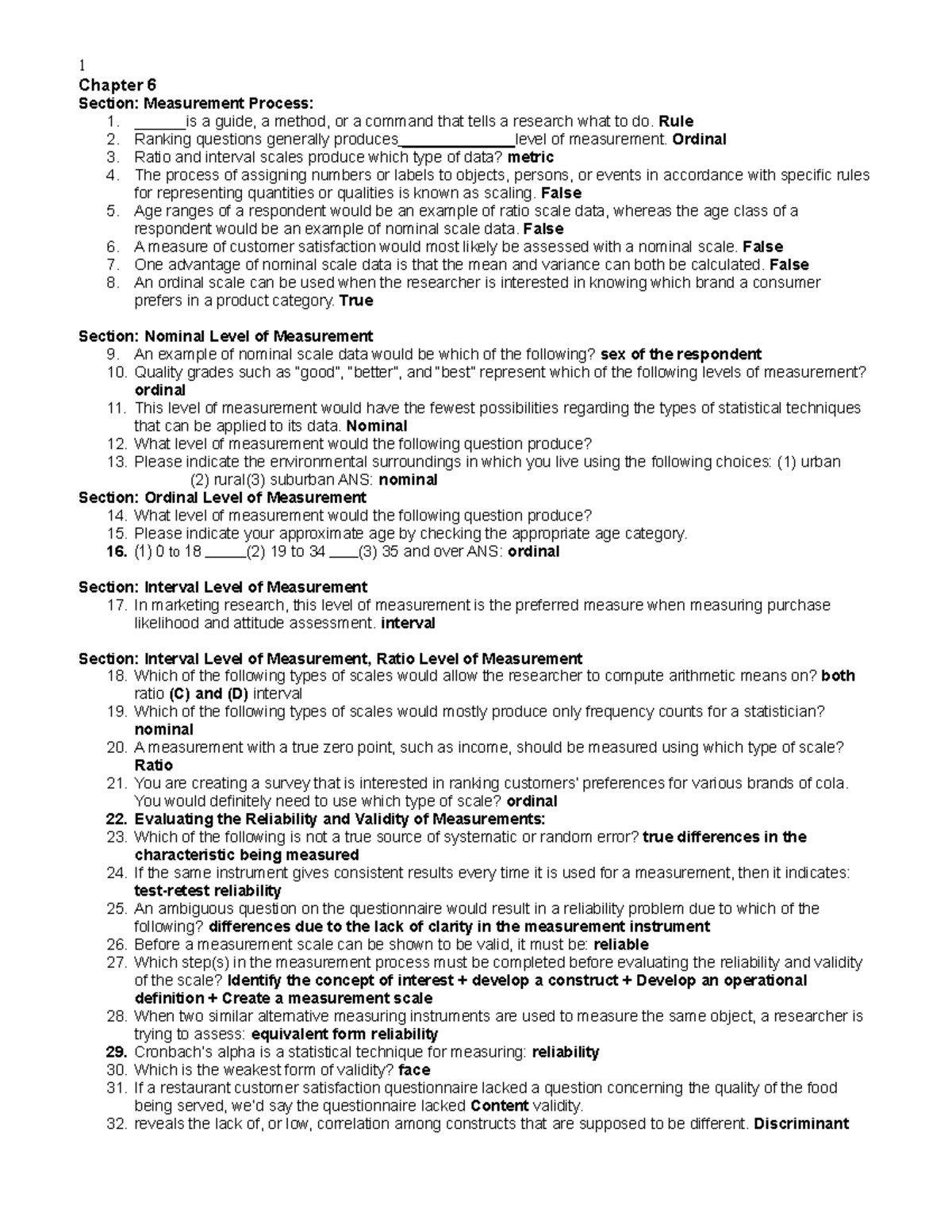 Chapter 6 - Measurement Process: Levels of Scales and Validity - Studocu