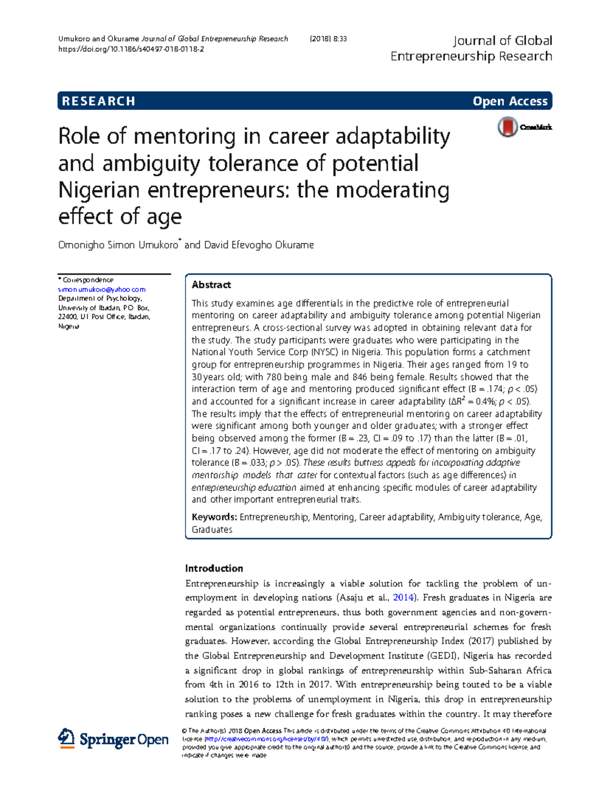 S40497 018 0118 2 - The Role of Mentoring in Career Adaptability of ...