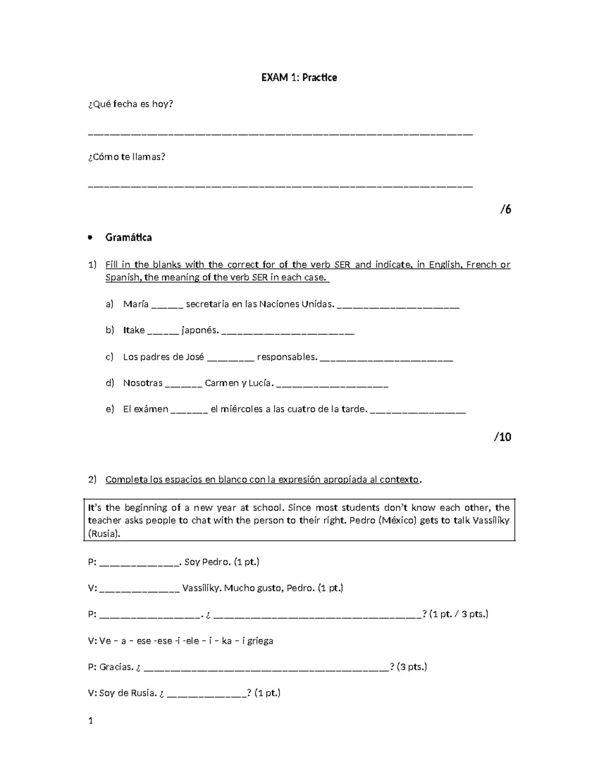 Answers for SPAN 101 EXAM 1 Practice Level 1 Spanish - Studocu