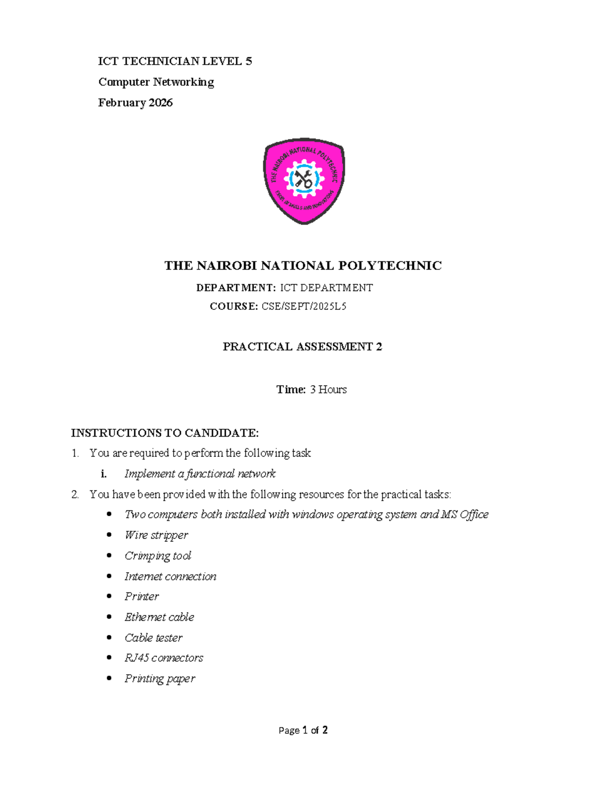 CSE - Networking Practical Assessment 2 Guide for ICT Technician Level ...