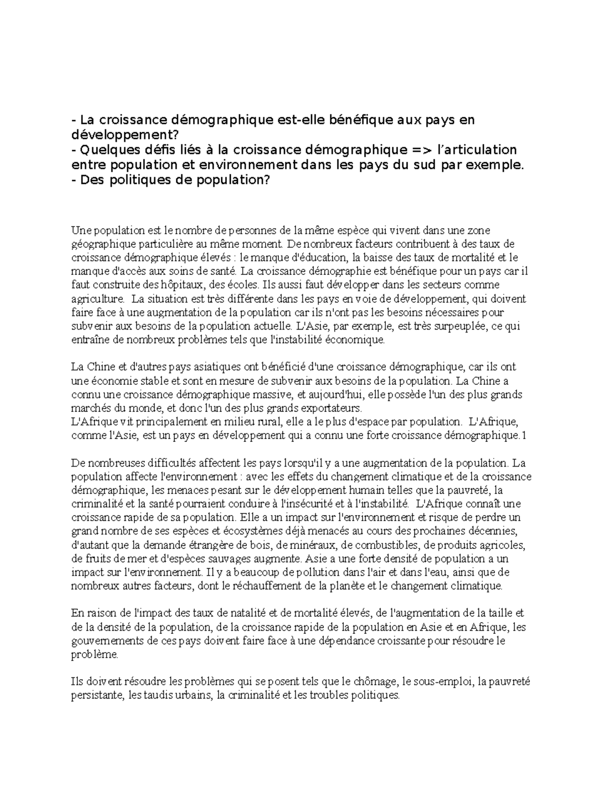L'impact de la croissance démographique sur l'Afrique et l'Asie - Studocu