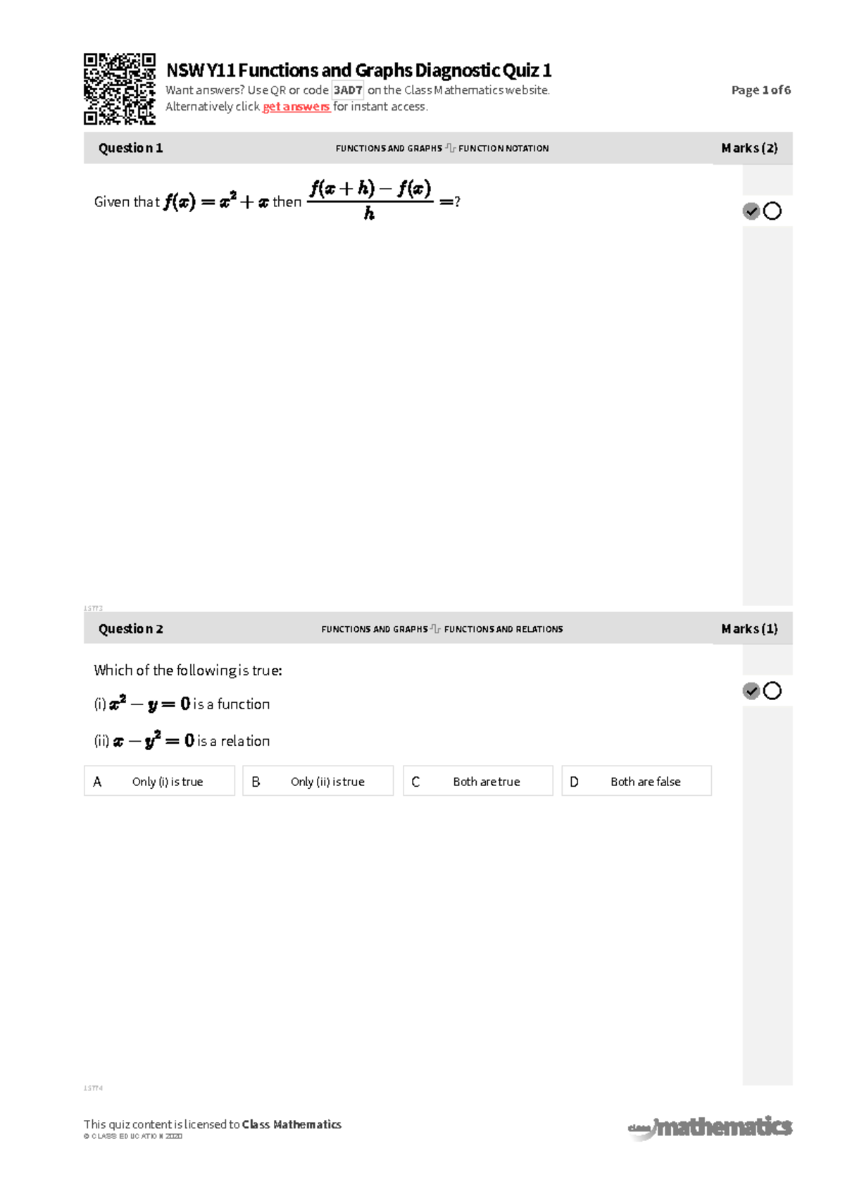 NSW Y11 Functions and Graphs Diagnostic Quiz 1 - Practice Exam - Studocu