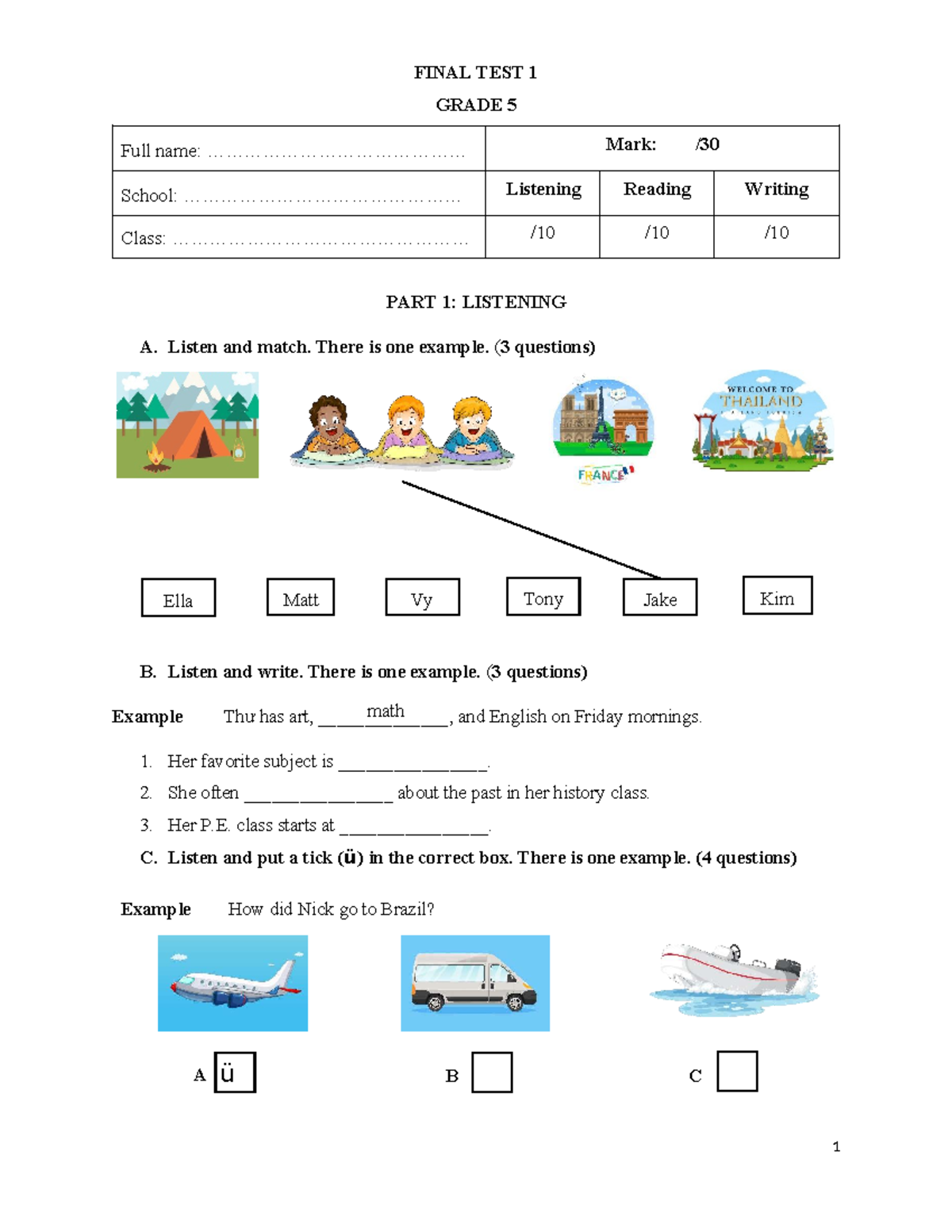 FINAL TEST 1 GRADE 5 - Listening, Reading, Writing Activities - Studocu
