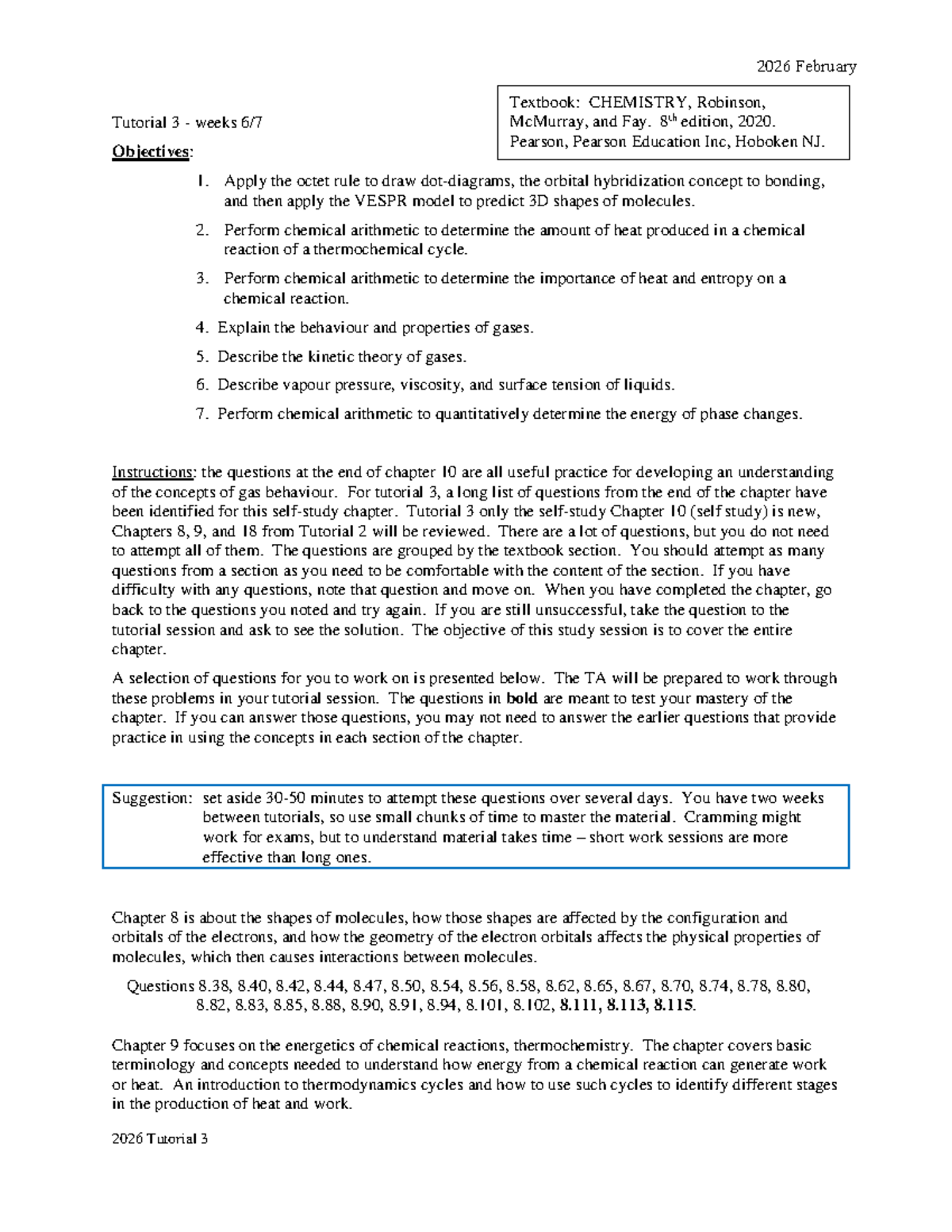 2026 CHEMISTRY Tutorial 3: Objectives & Key Concepts from Chapters 8-10 - Studocu