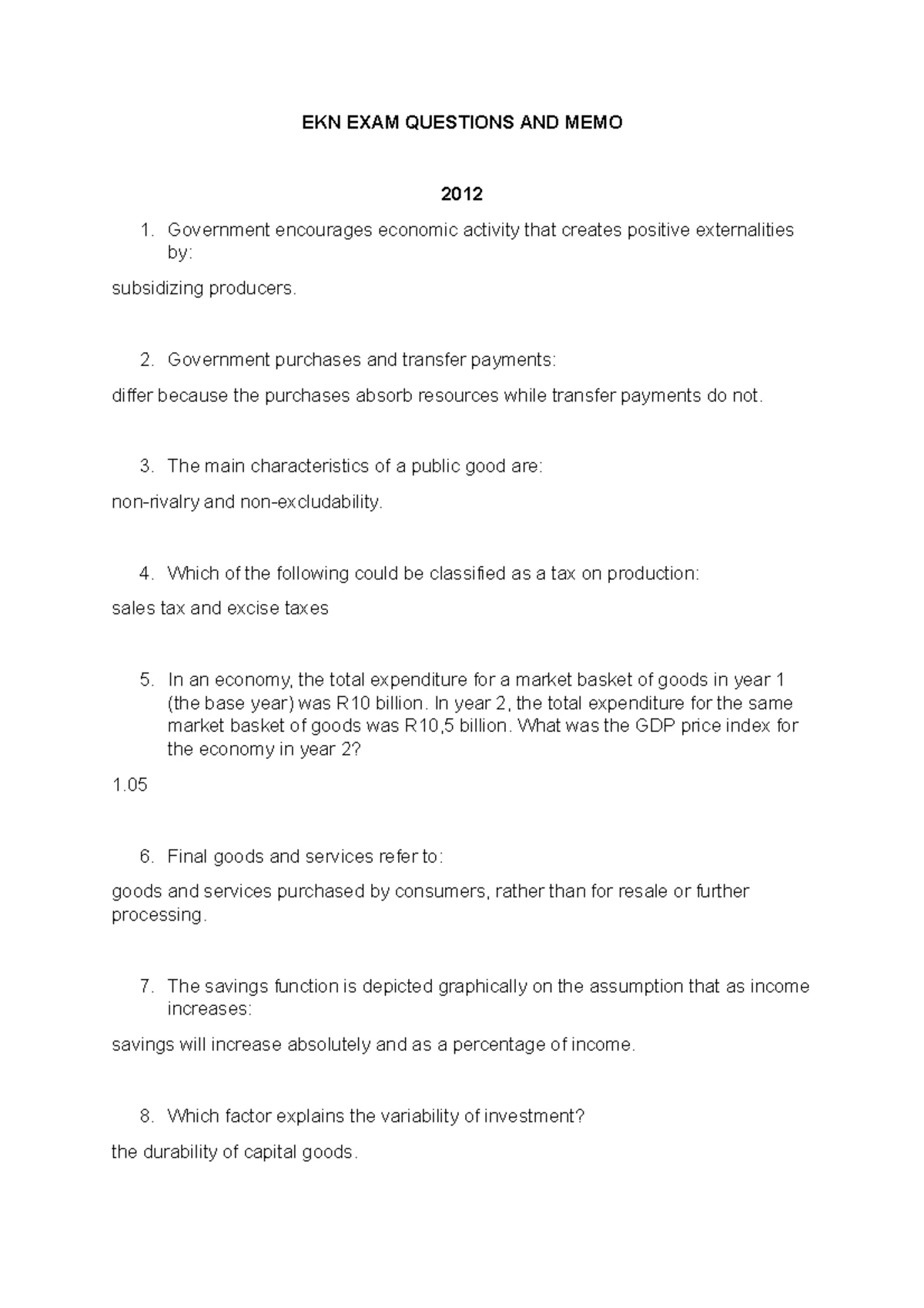 EKN 120 Final Exam Review: Graphs, GDP & Elasticity Concepts - Studocu