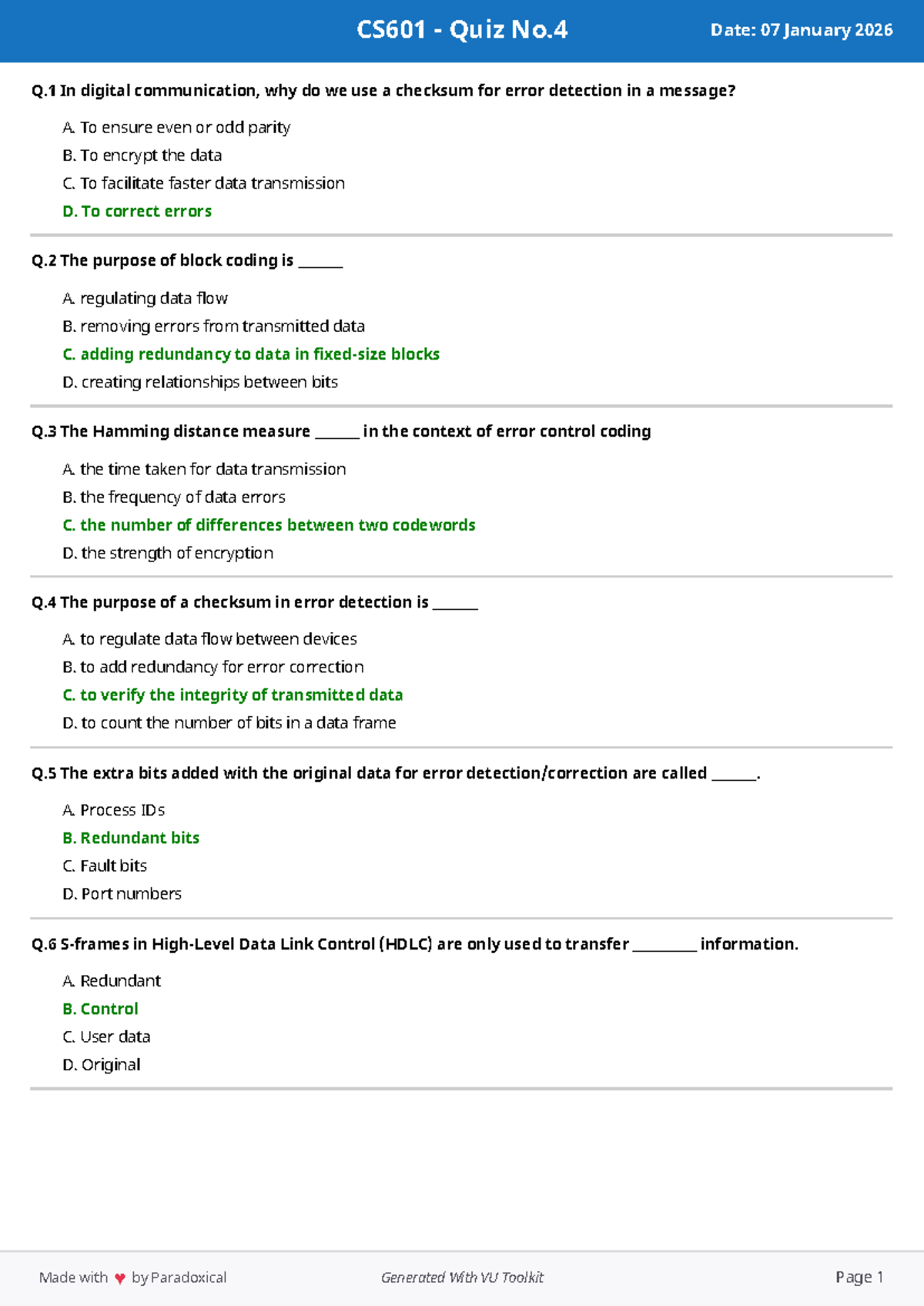 CS601 Quiz No.4: Error Detection & Coding Concepts - Studocu