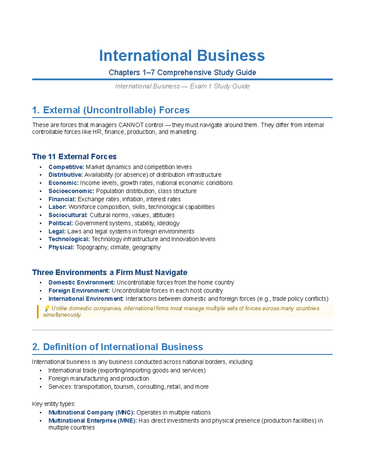 International Business Exam 1 Study Guide: Chapters 1-7 - Studocu