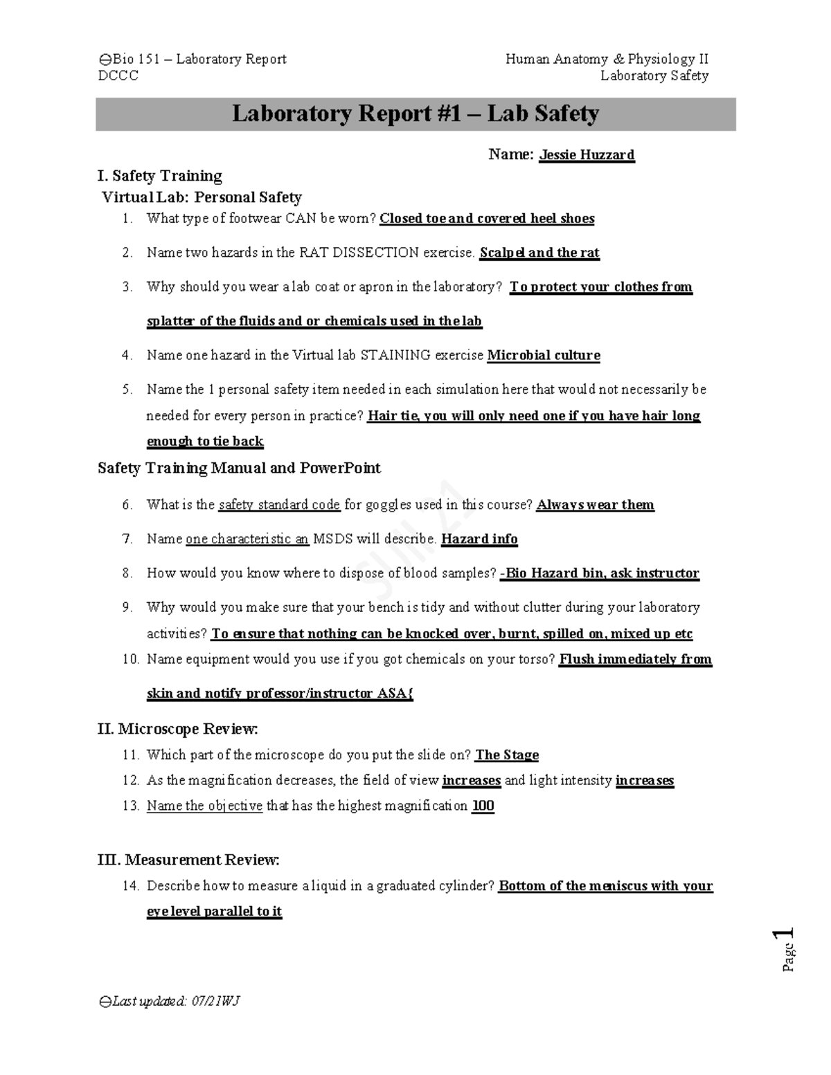 BIO 151 Lab #1 Lab Safety PDF PROFESSOr - yBio 15 1 – Laboratory Report ...