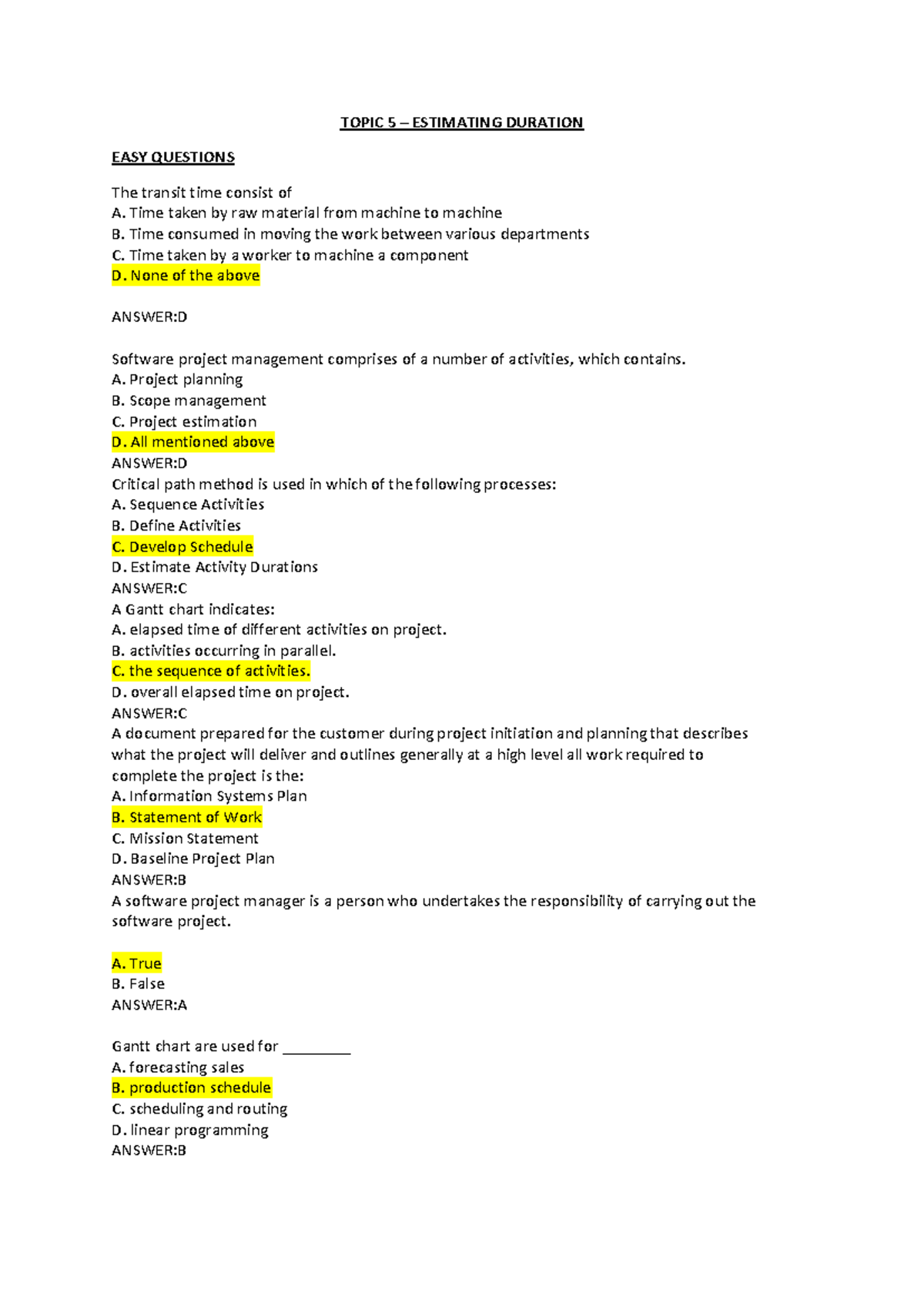 Project Management MCQ Questions Summary for PM101 - Studocu
