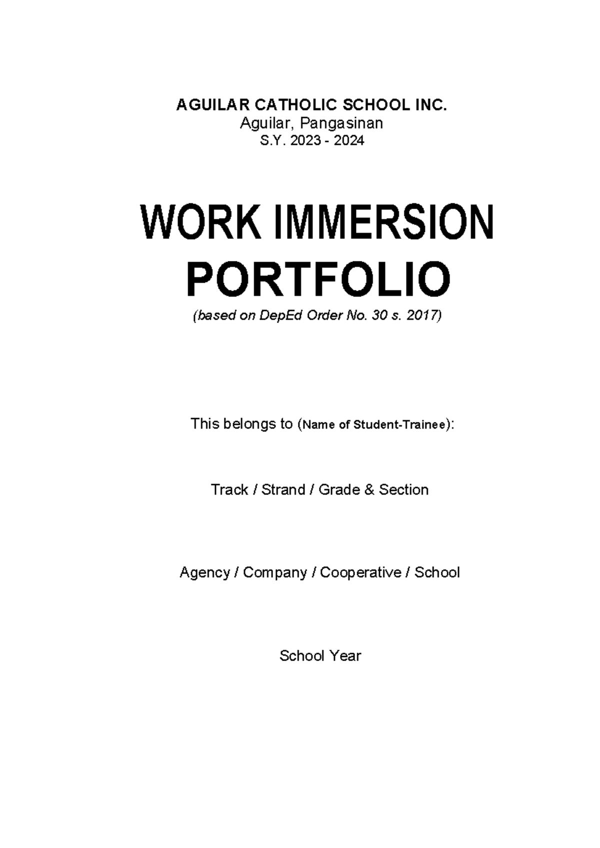 SHS Work Immersion Portfolio 2023-2024: Guidelines & Activities - Studocu