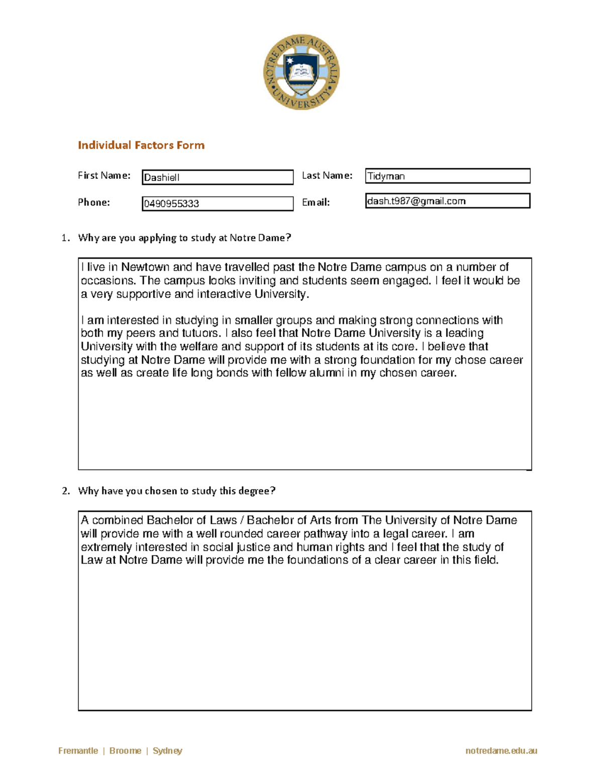 UNDA-Individual Factors Application Form: Fremantle & Broome - Studocu