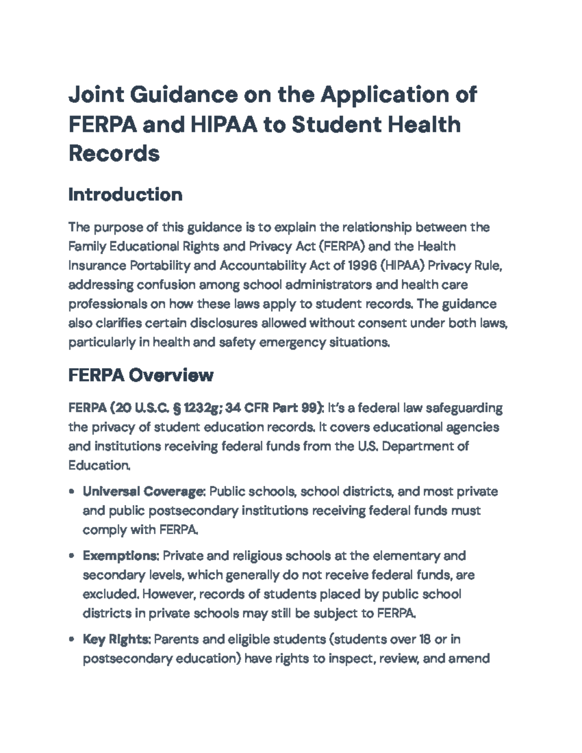 Guidance on FERPA and HIPAA Application to Student Health Records ...