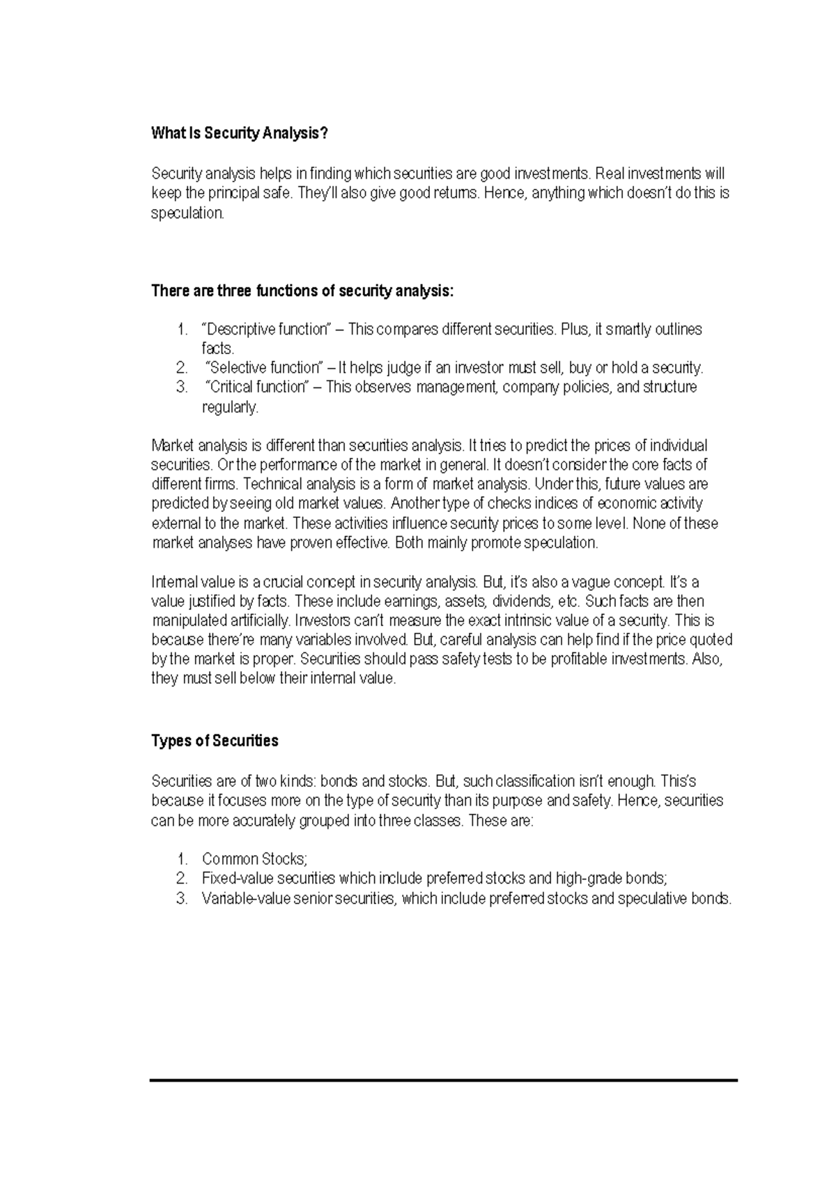 Security Analysis: Understanding Investments and Market Dynamics - Studocu