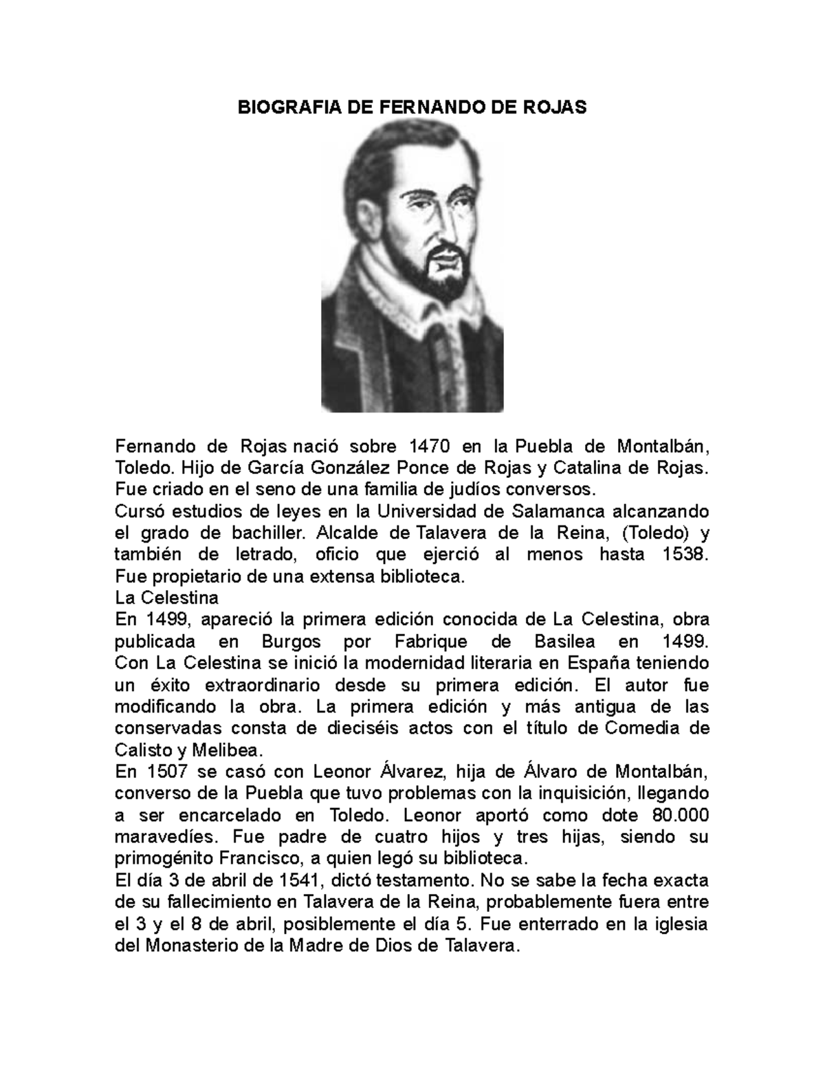 Biografia DE Fernando DE Rojas su vida resumida - Historia II ...