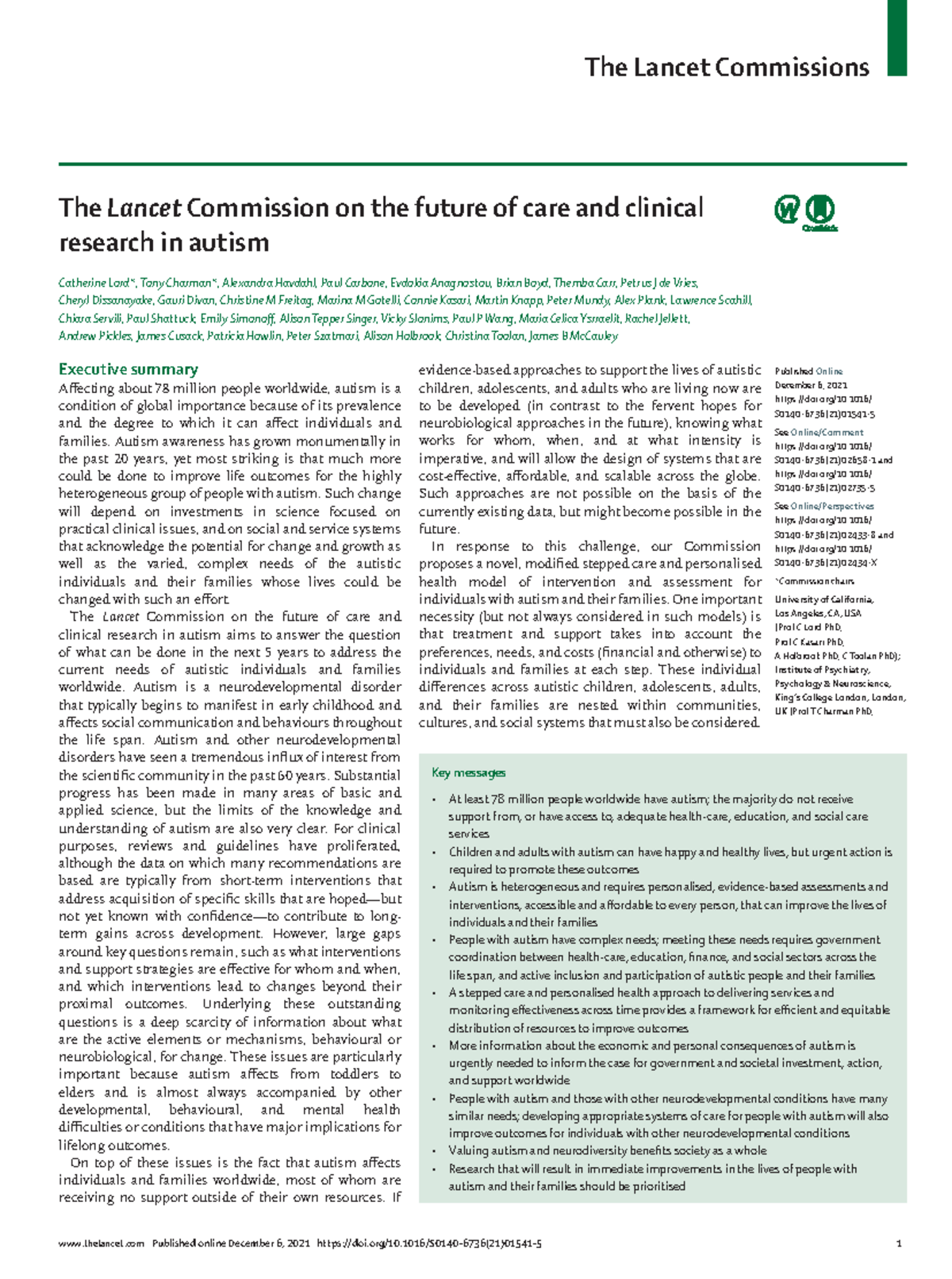 The Lancet Commission on Future Care and Research in Autism (2021 ...