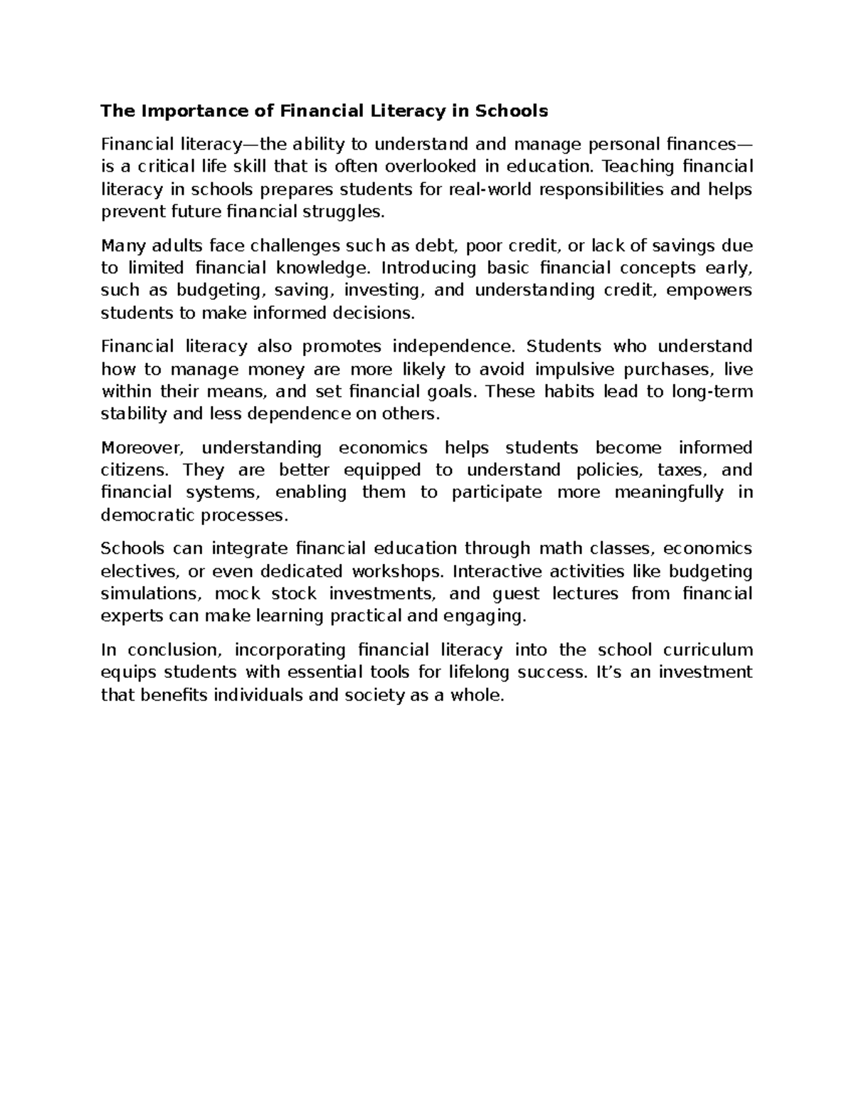 The Importance of Financial Literacy in Schools: A Critical Life Skill ...