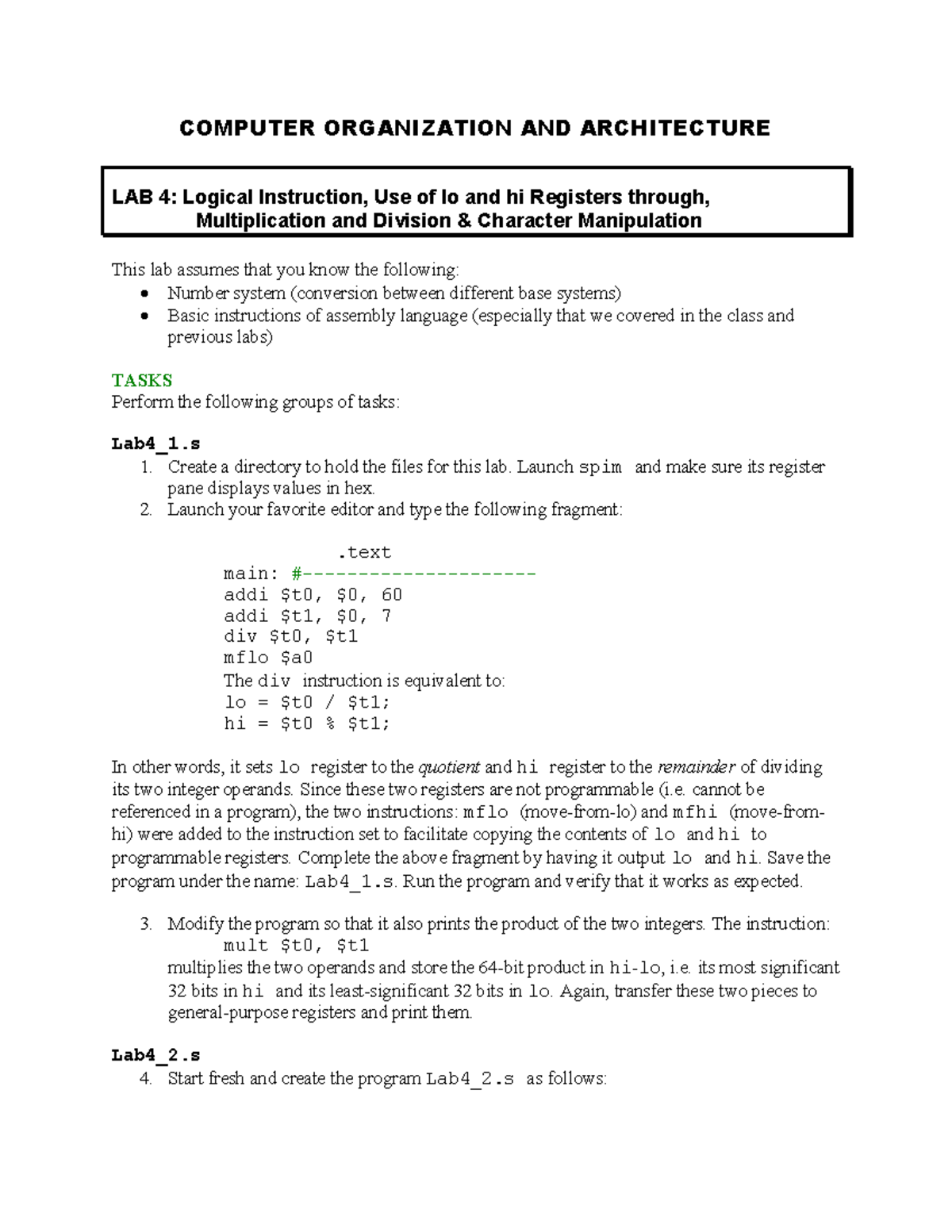 Lab 4: Logical Instructions with Registers, Multiplication & Division ...