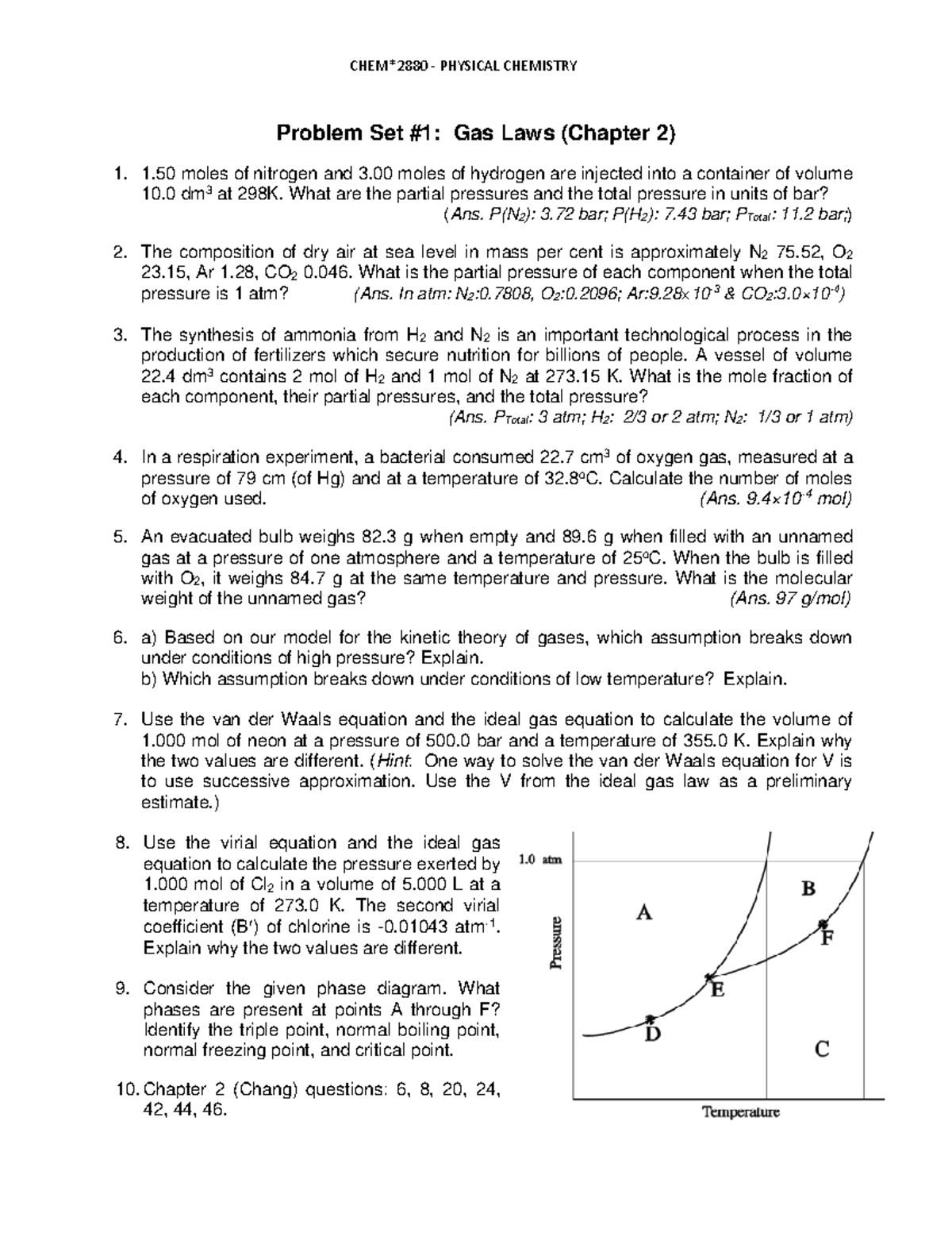 PHYSICAL CHEMISTRY Problem Set Gas Laws (Chapter 2) - Studocu