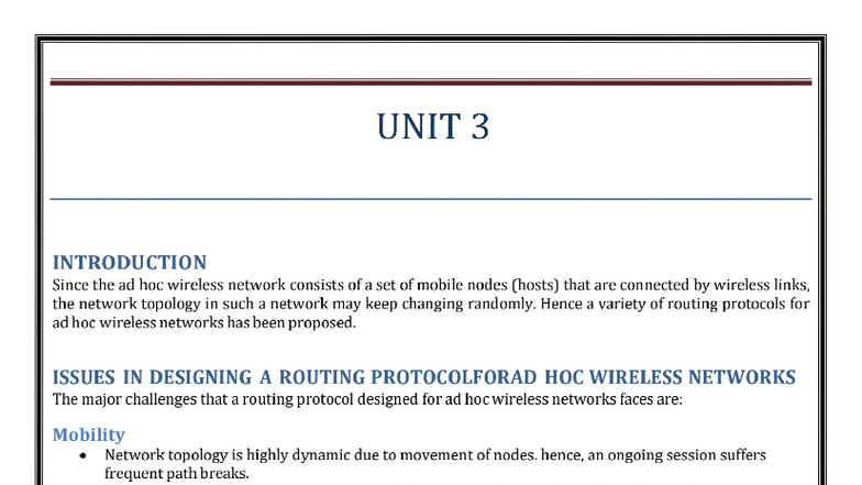 UNIT 3: ISSUES IN ROUTING PROTOCOLS FOR AD HOC WIRELESS NETWORKS - Studocu