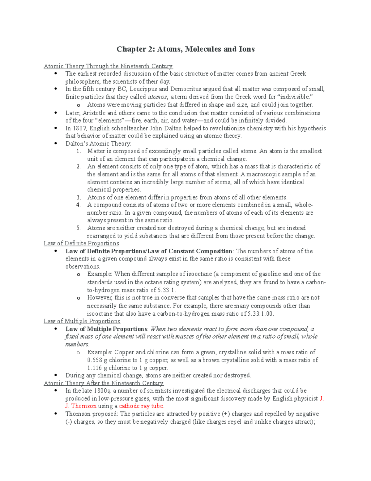 CHM1045 - Chapter 2 - Chapter 2: Atoms, Molecules and Ions Atomic ...